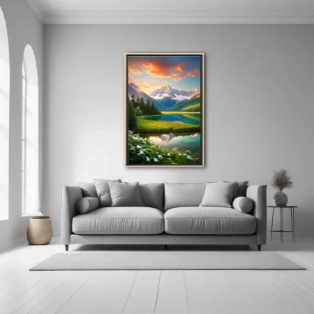 Alpine lake landscape, snow-capped mountains, vivid sunset sky, turquoise reflection