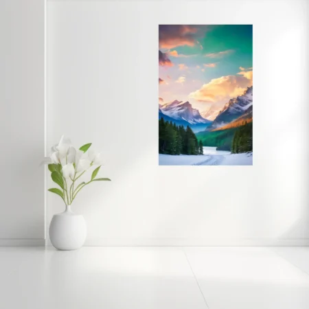Fantasy-toned mountain valley landscape with snow, conifers, and vivid sunset sky