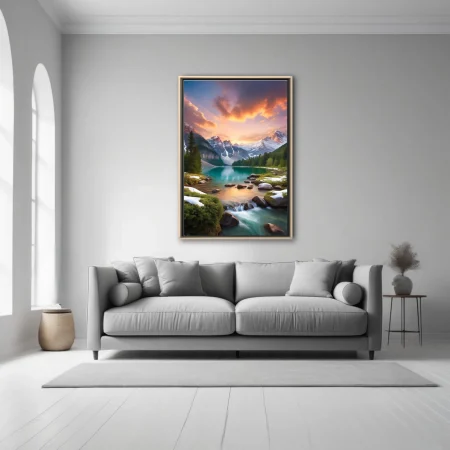 Mountain lake at sunset with turquoise water, snow-capped peaks, and dramatic sky