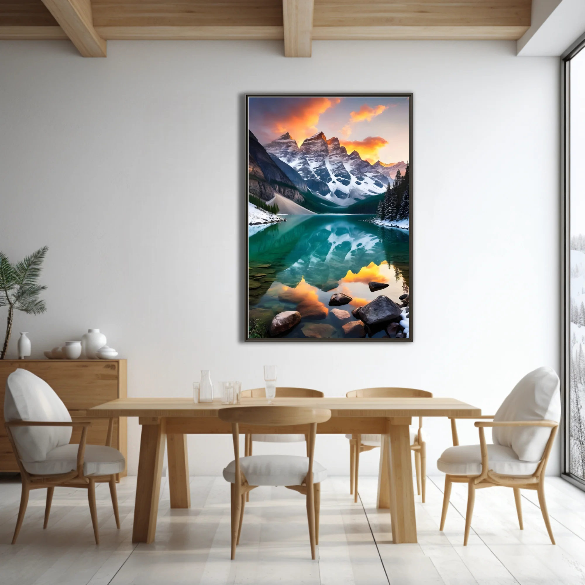 Alpine lake with turquoise reflection, snow-capped peaks, and fiery sunset sky