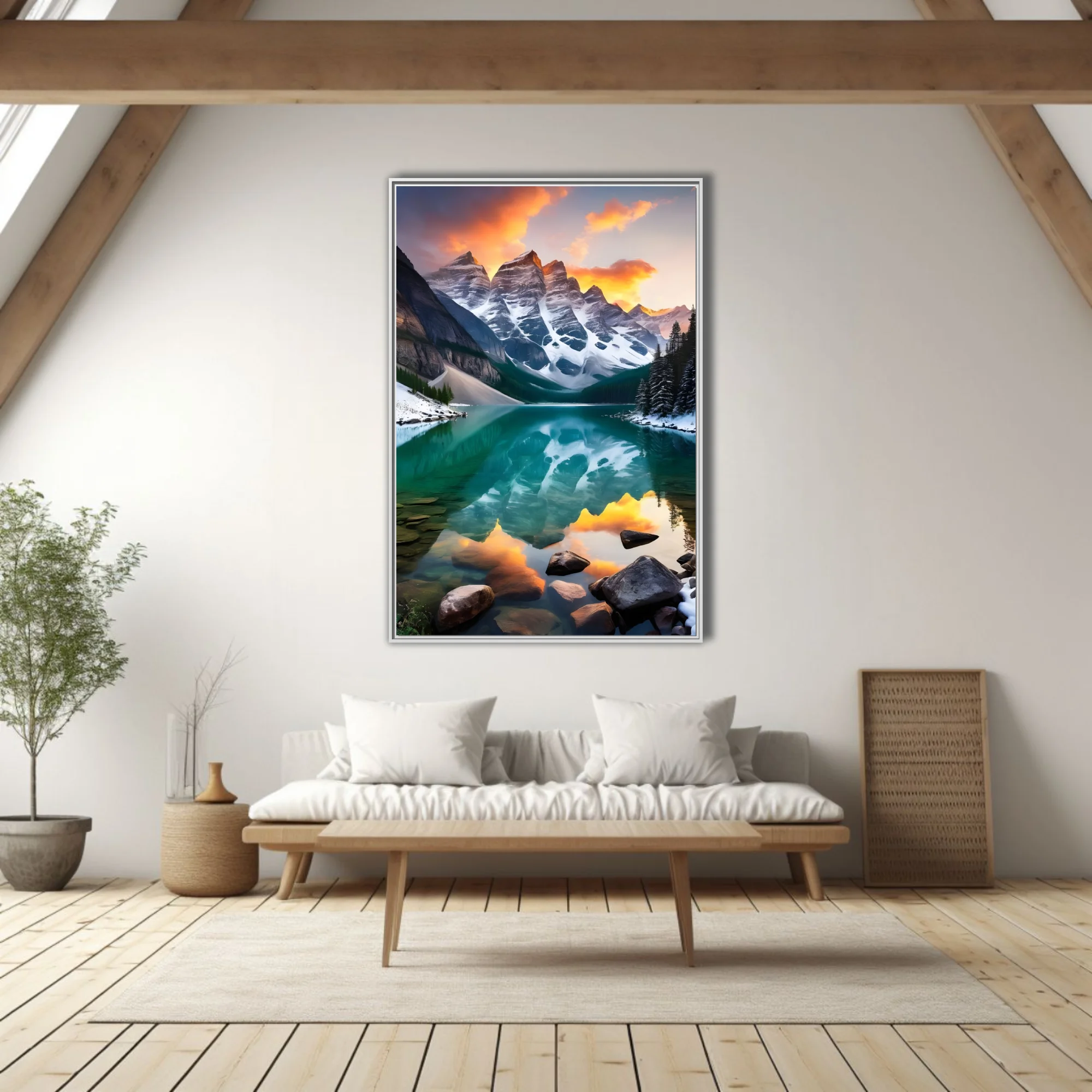 Alpine lake with turquoise reflection, snow-capped peaks, and fiery sunset sky