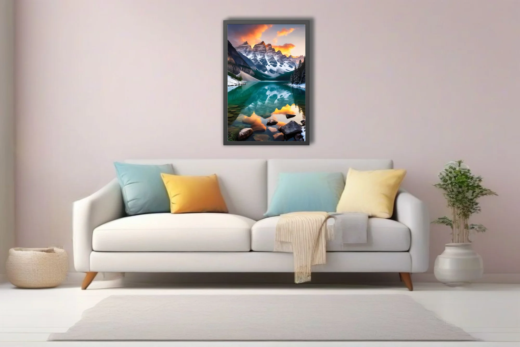 Alpine lake with turquoise reflection, snow-capped peaks, and fiery sunset sky