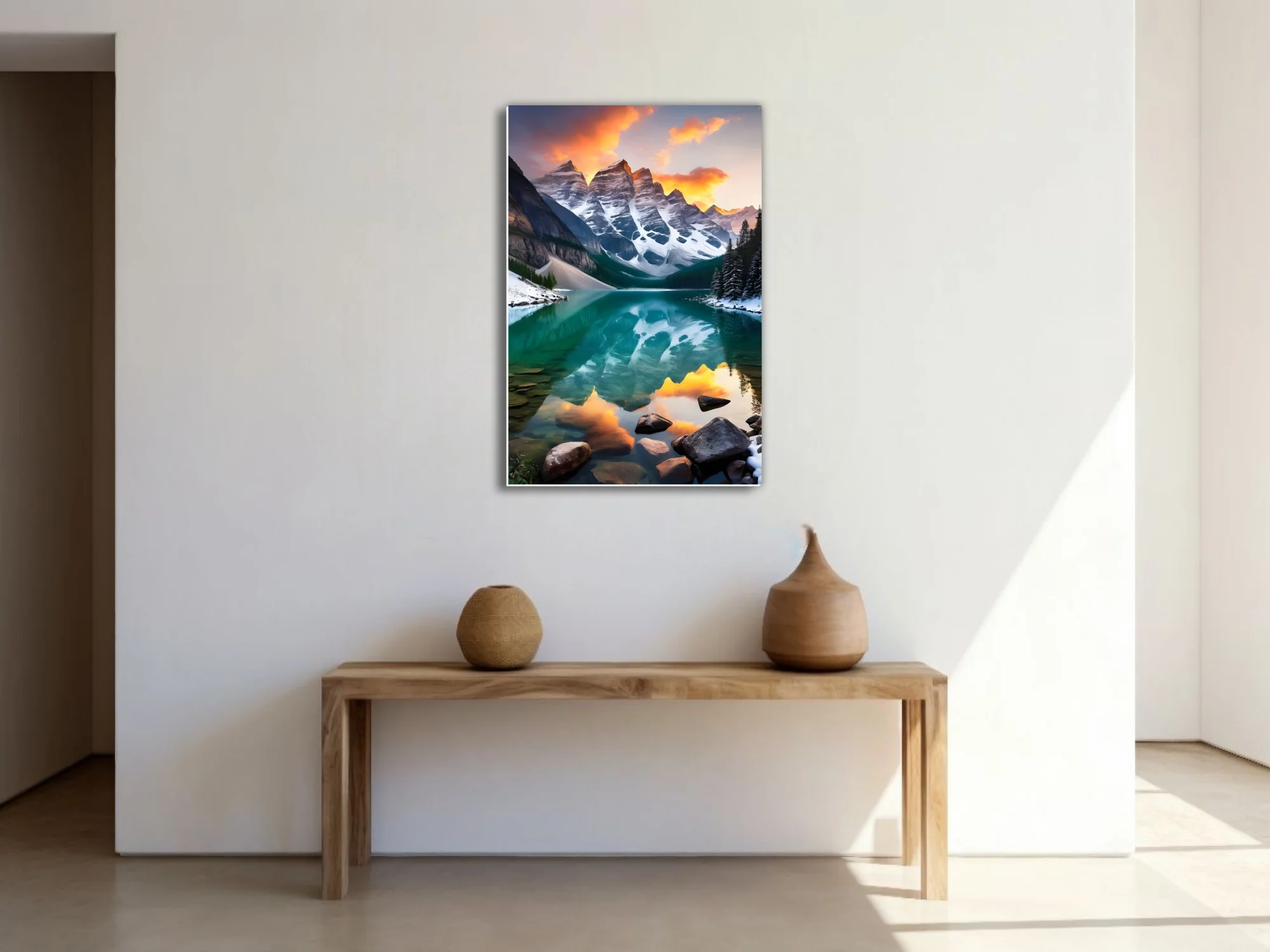 Alpine lake with turquoise reflection, snow-capped peaks, and fiery sunset sky
