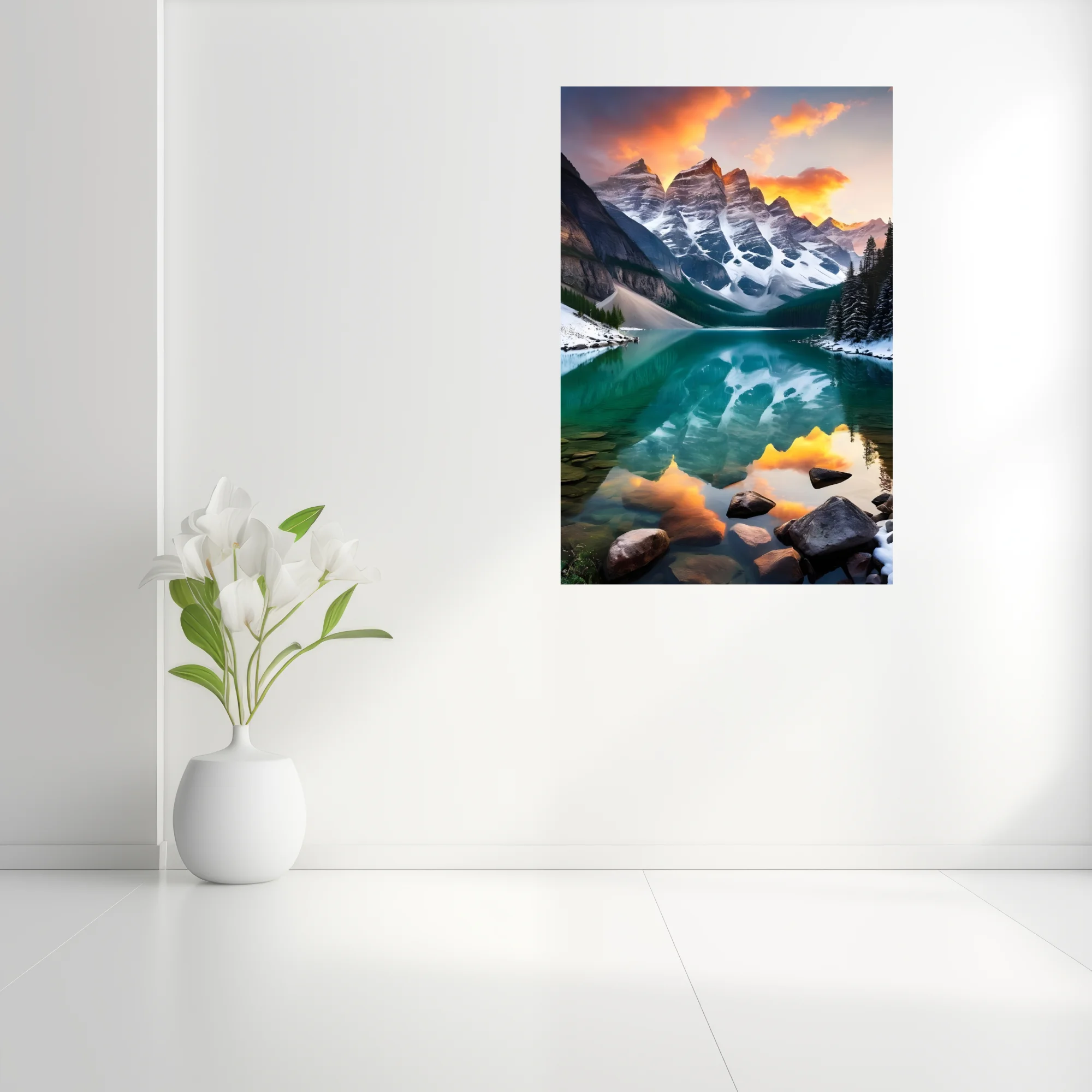 Alpine lake with turquoise reflection, snow-capped peaks, and fiery sunset sky