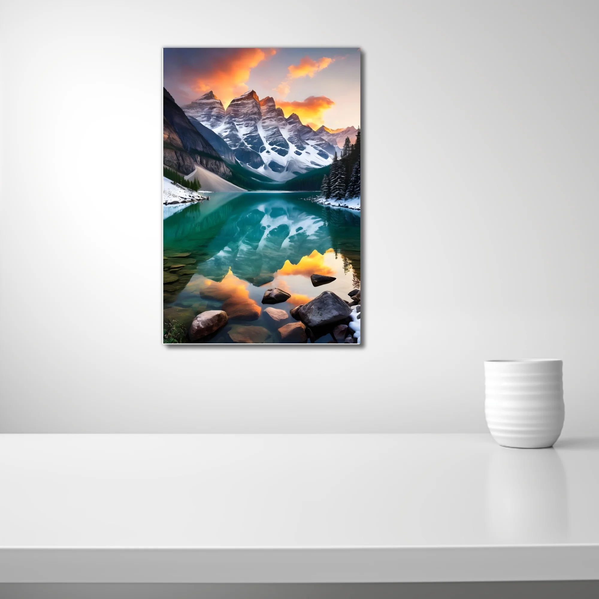 Alpine lake with turquoise reflection, snow-capped peaks, and fiery sunset sky