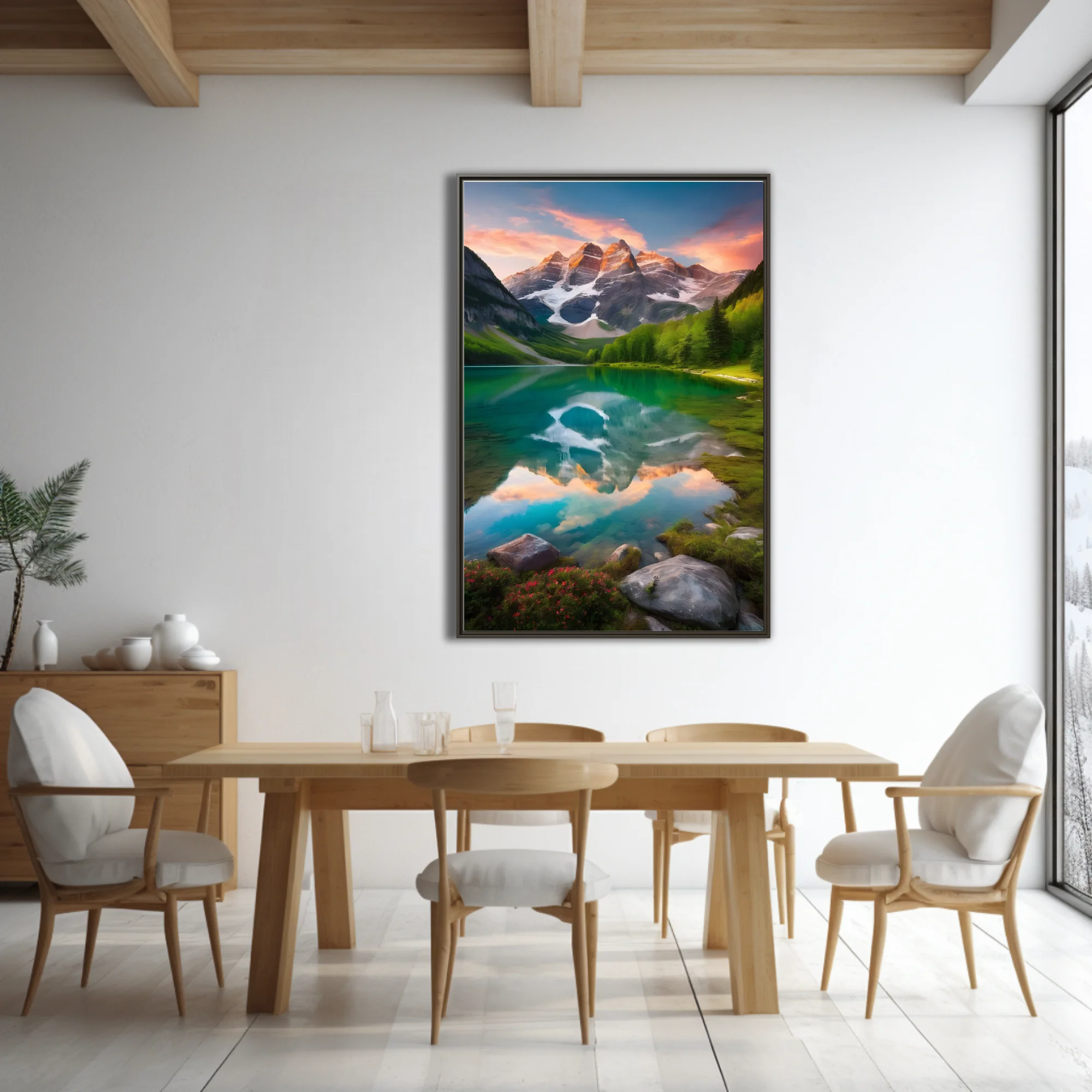 Cinematic alpine lake with turquoise reflection, snow-capped peaks, sunset sky