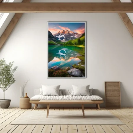 Cinematic alpine lake with turquoise reflection, snow-capped peaks, sunset sky