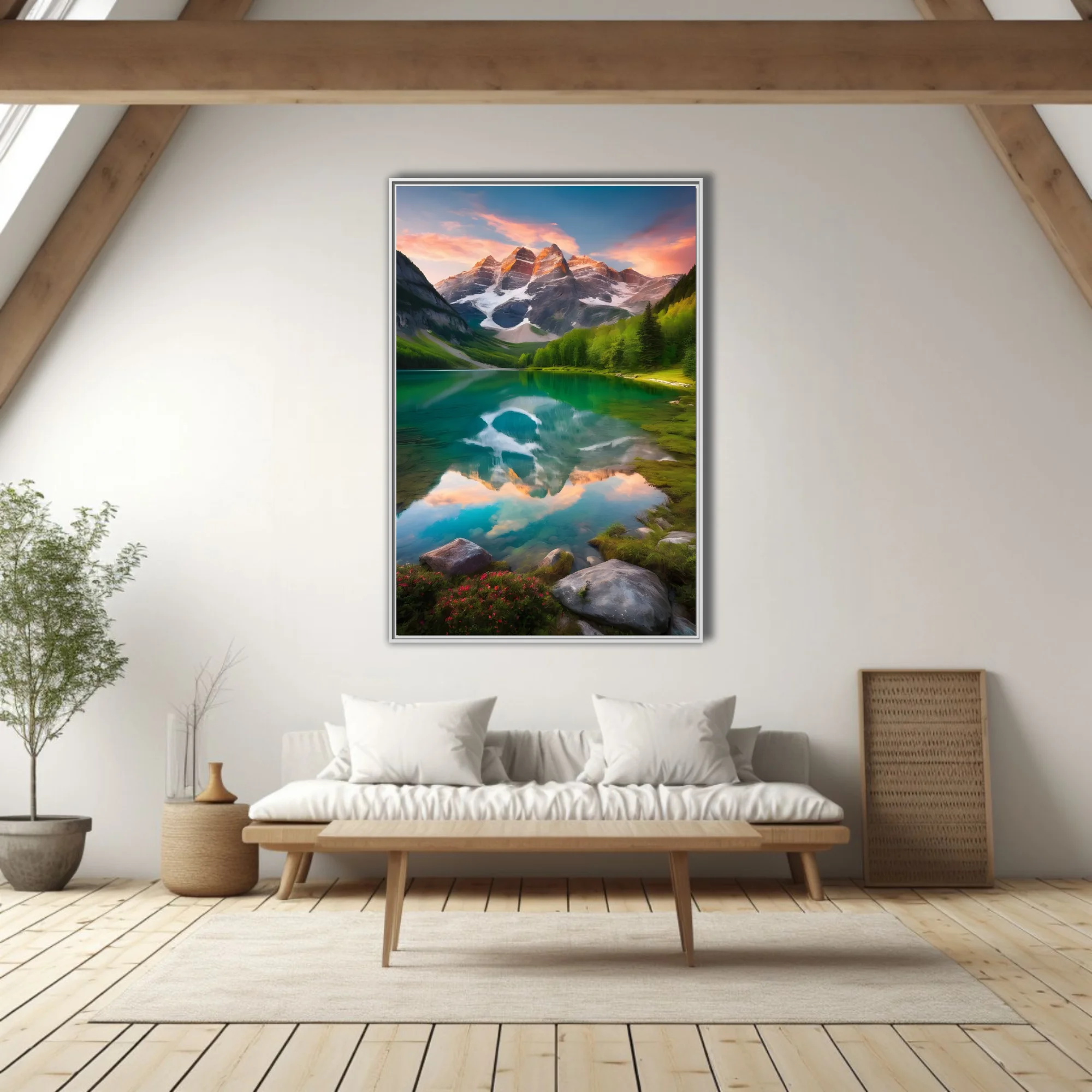 Cinematic alpine lake with turquoise reflection, snow-capped peaks, sunset sky