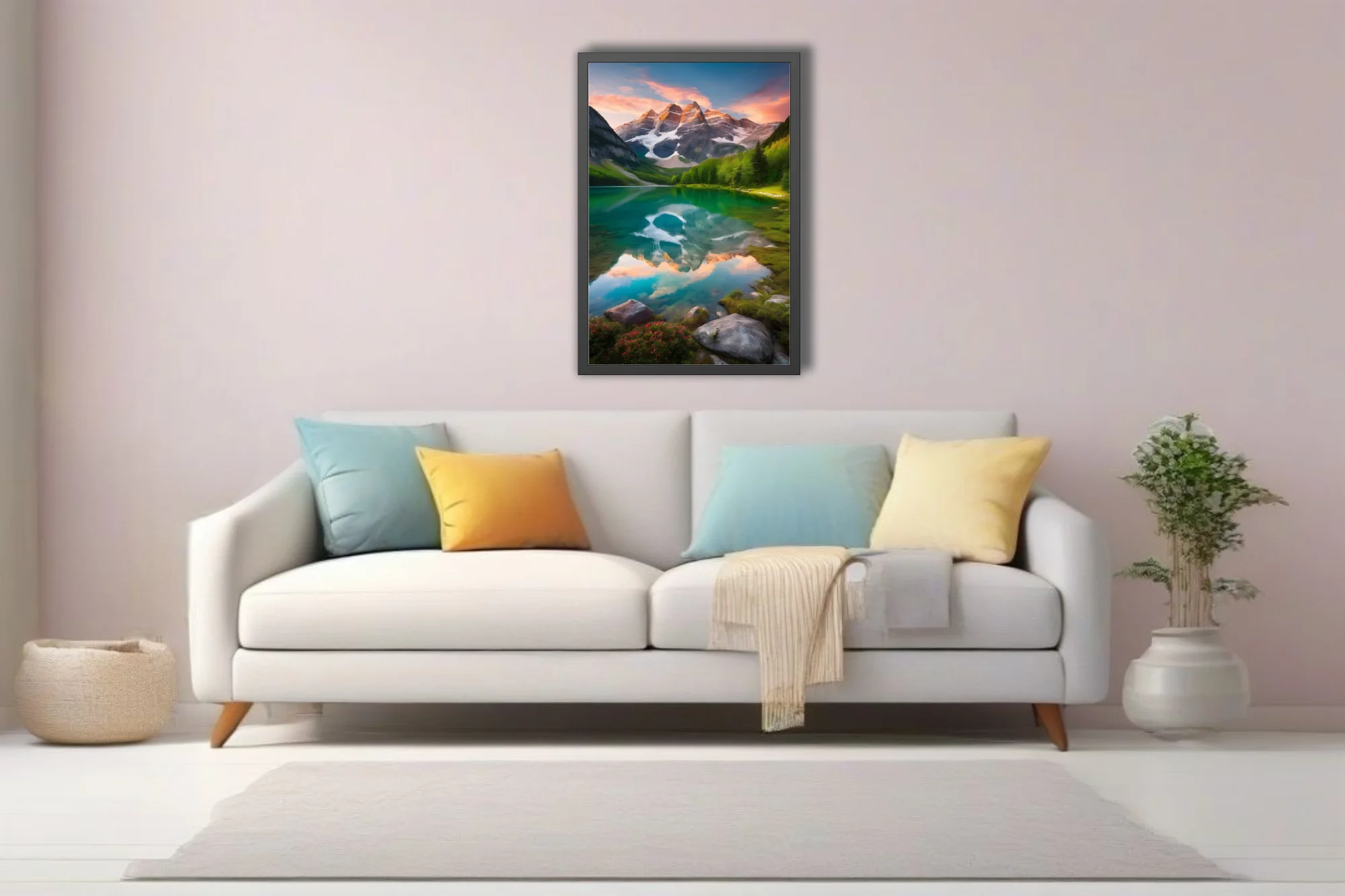 Cinematic alpine lake with turquoise reflection, snow-capped peaks, sunset sky