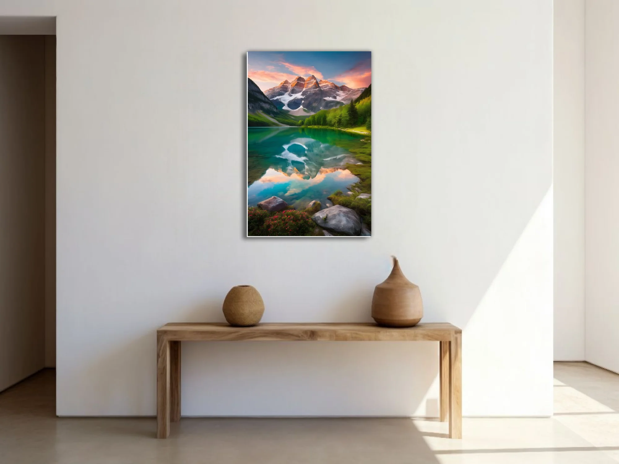 Cinematic alpine lake with turquoise reflection, snow-capped peaks, sunset sky