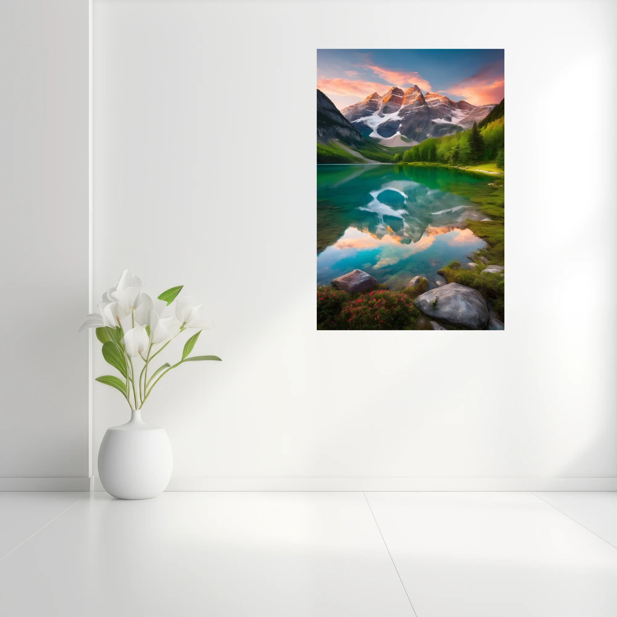 Cinematic alpine lake with turquoise reflection, snow-capped peaks, sunset sky