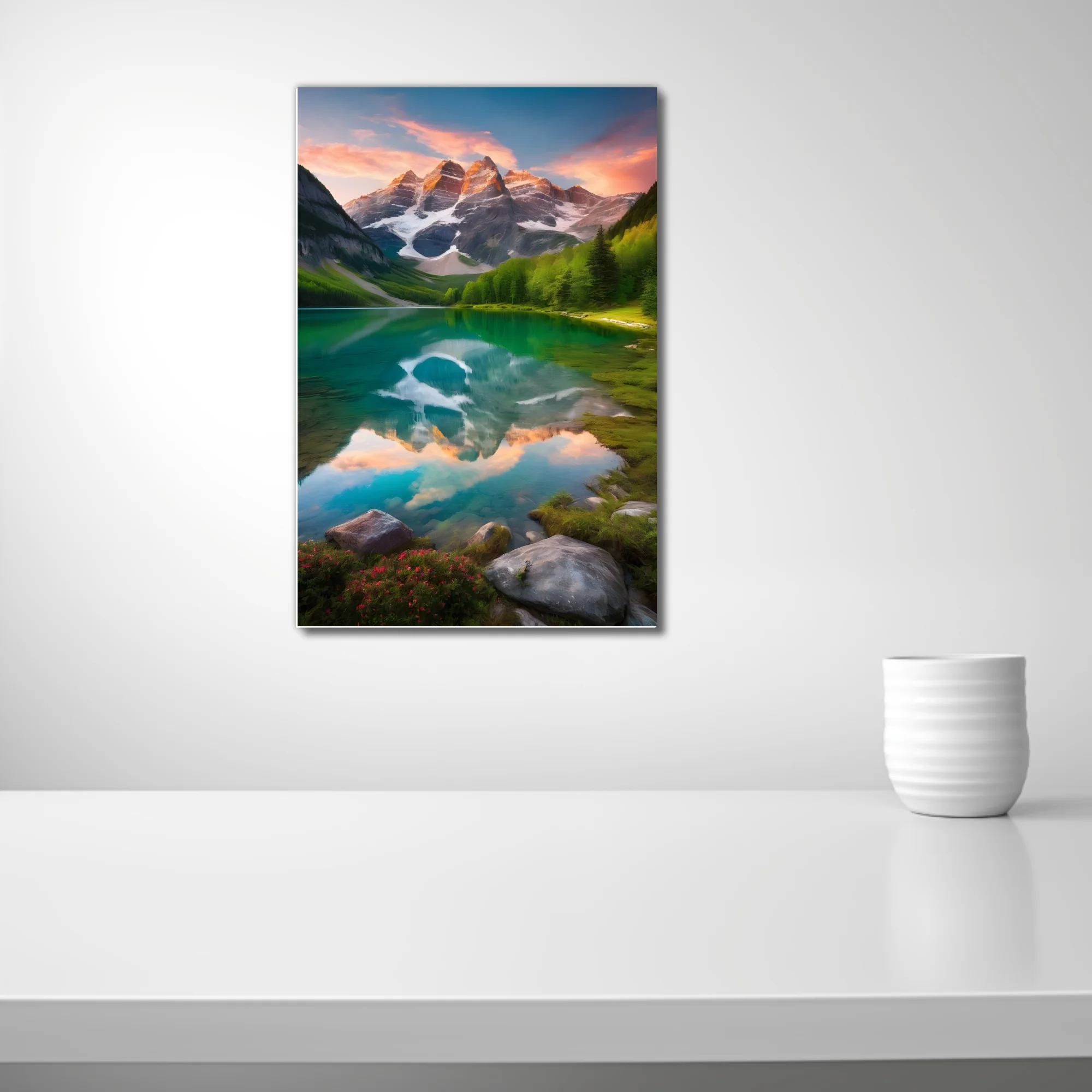 Cinematic alpine lake with turquoise reflection, snow-capped peaks, sunset sky