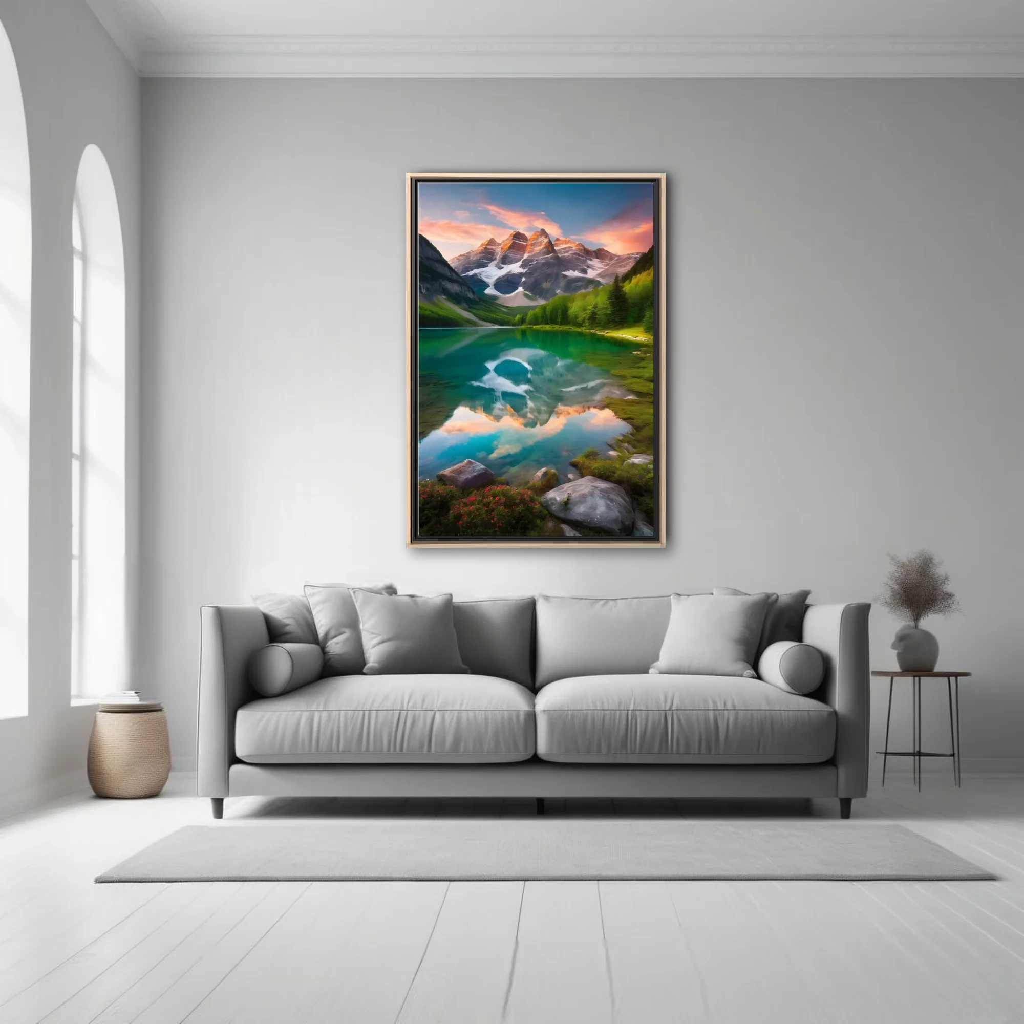Cinematic alpine lake with turquoise reflection, snow-capped peaks, sunset sky