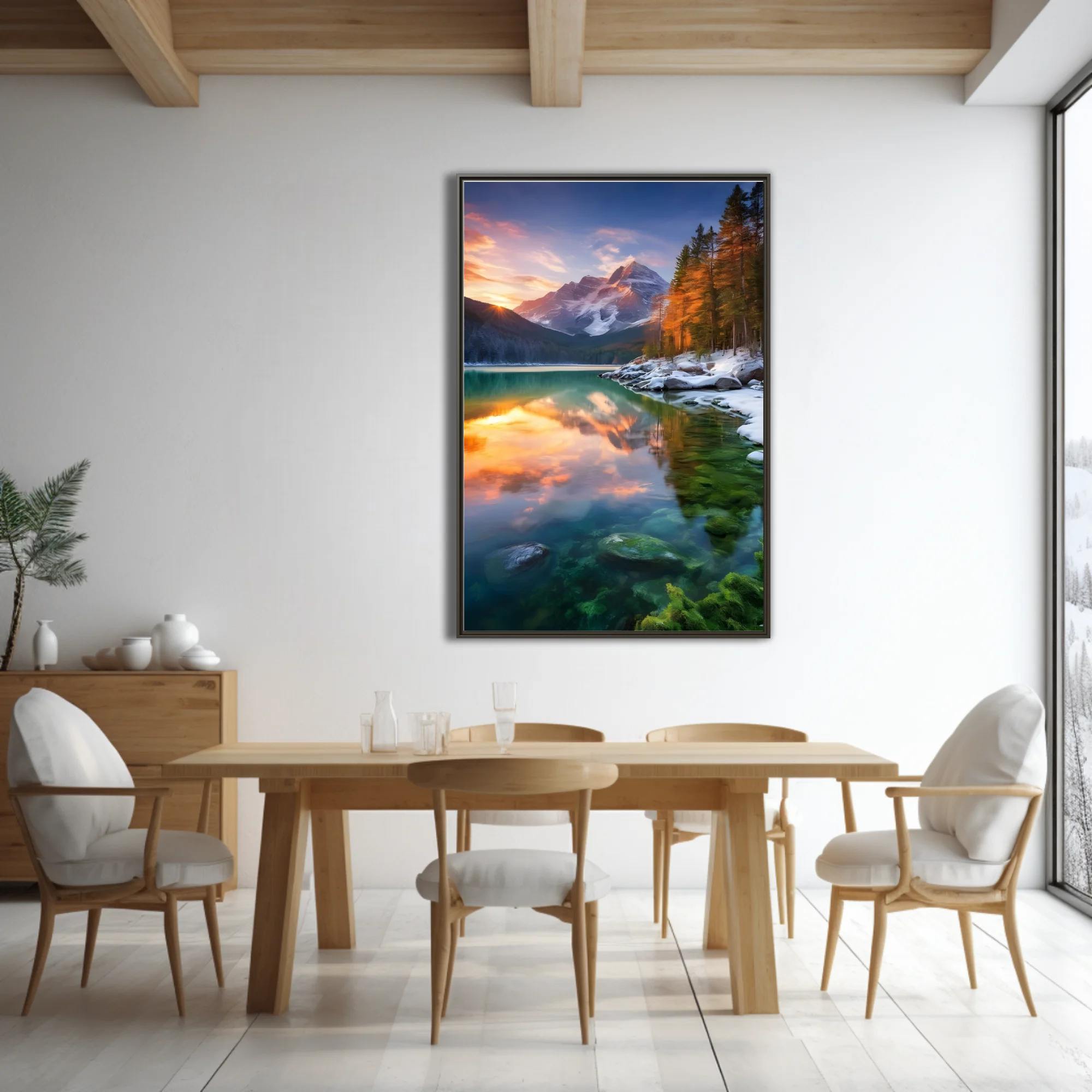 Alpine lake at sunset with snowy peaks, autumn trees, and turquoise water