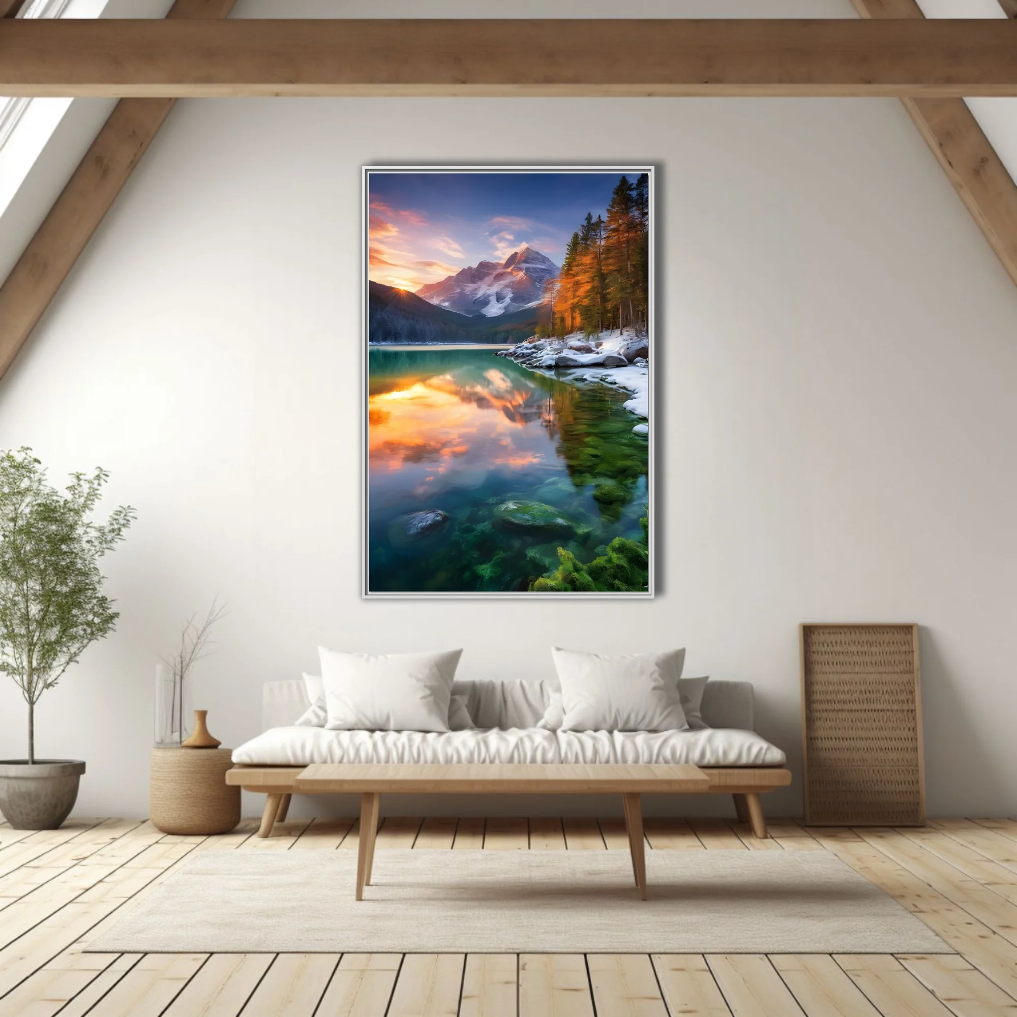 Alpine lake at sunset with snowy peaks, autumn trees, and turquoise water