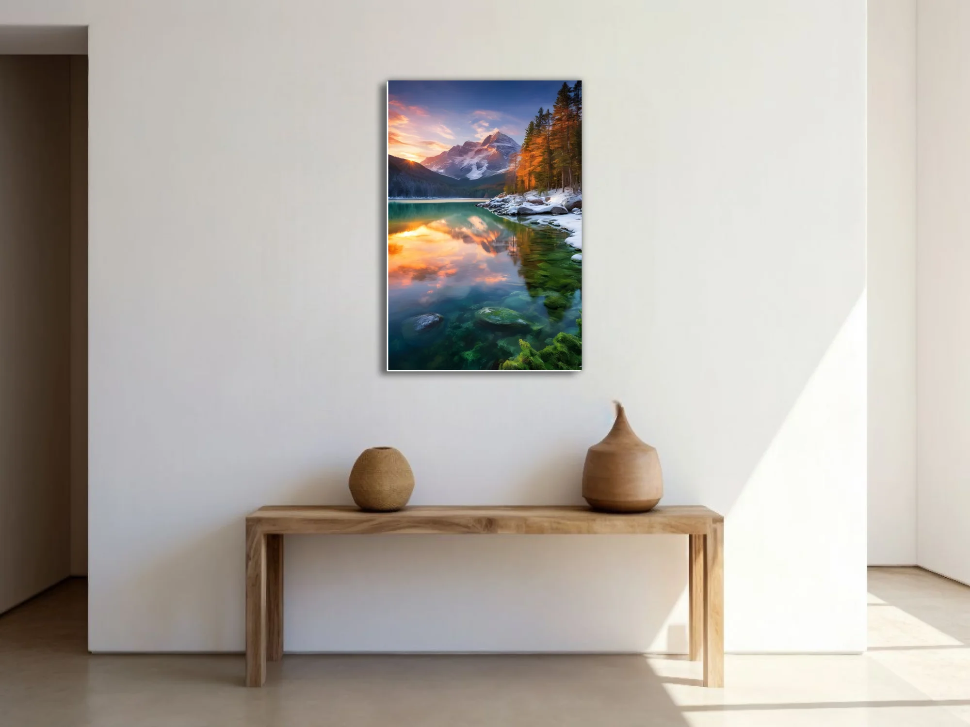 Alpine lake at sunset with snowy peaks, autumn trees, and turquoise water