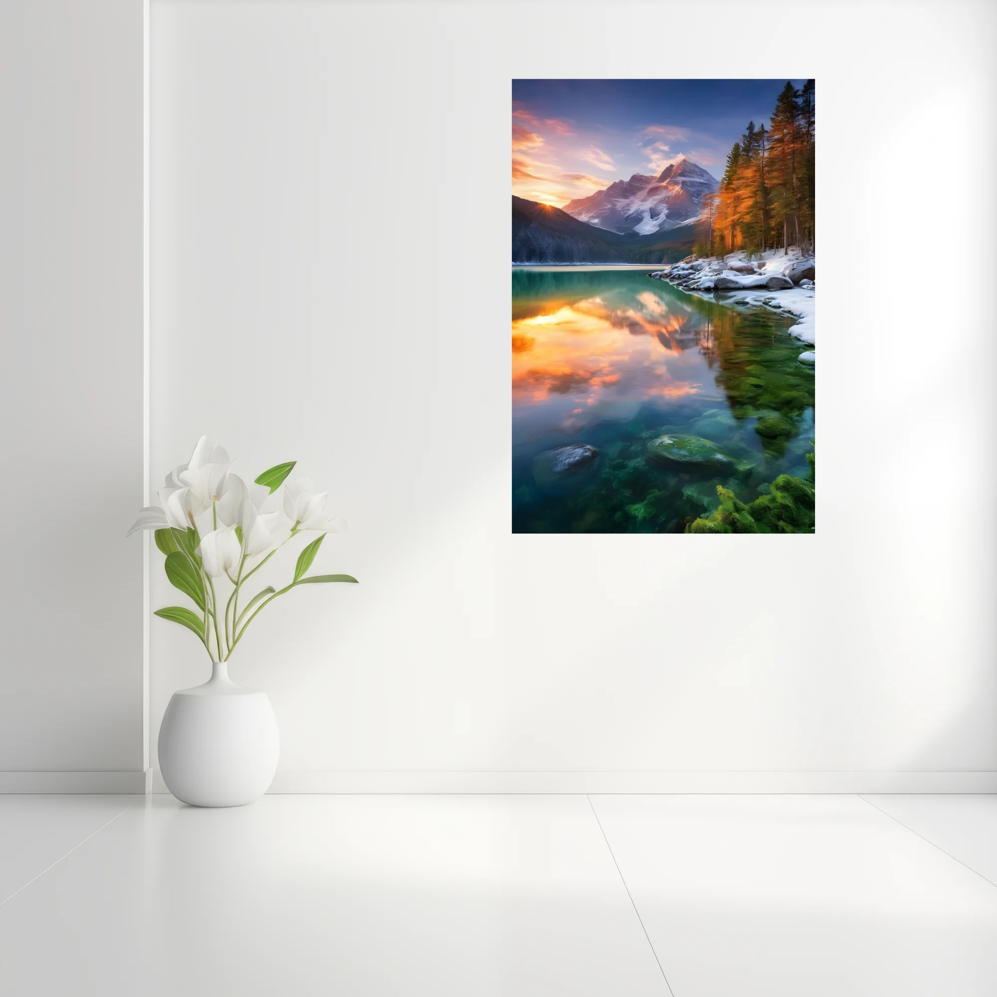 Alpine lake at sunset with snowy peaks, autumn trees, and turquoise water