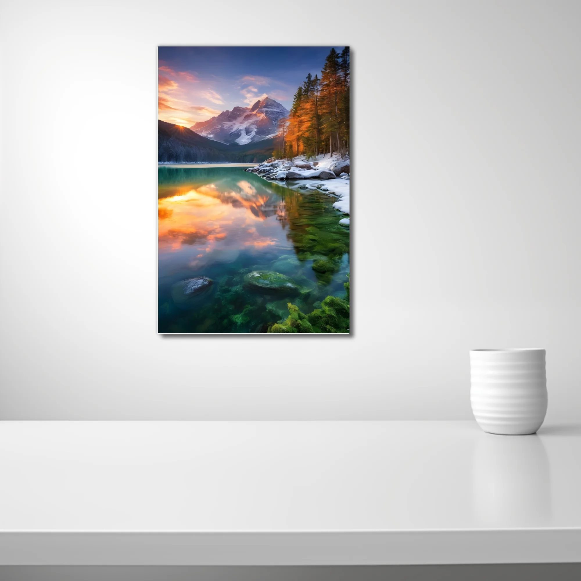 Alpine lake at sunset with snowy peaks, autumn trees, and turquoise water