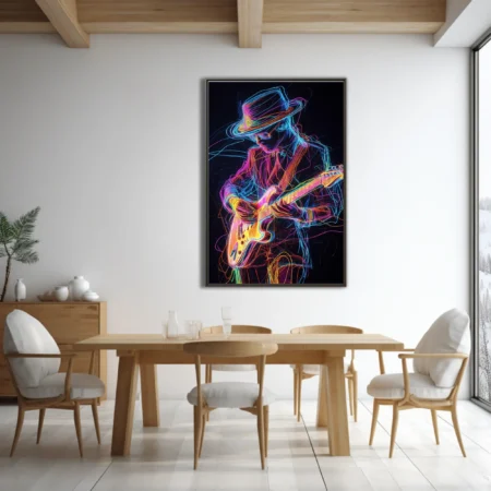 Neon light-drawing of electric guitarist in wide-brimmed hat, vivid multicolor on black
