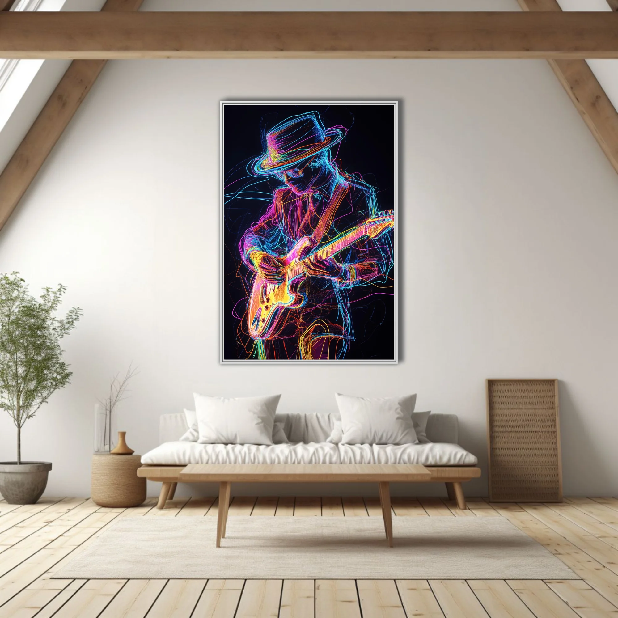 Neon light-drawing of electric guitarist in wide-brimmed hat, vivid multicolor on black