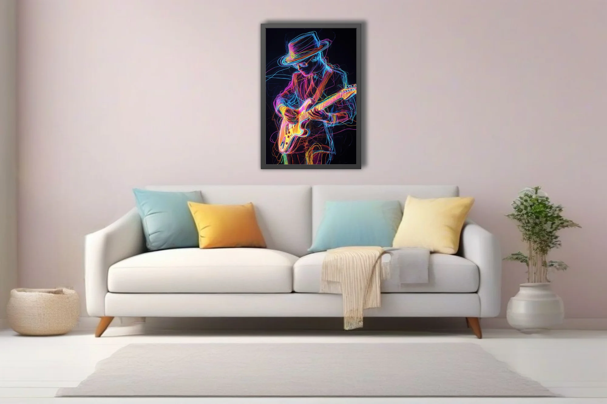 Neon light-drawing of electric guitarist in wide-brimmed hat, vivid multicolor on black