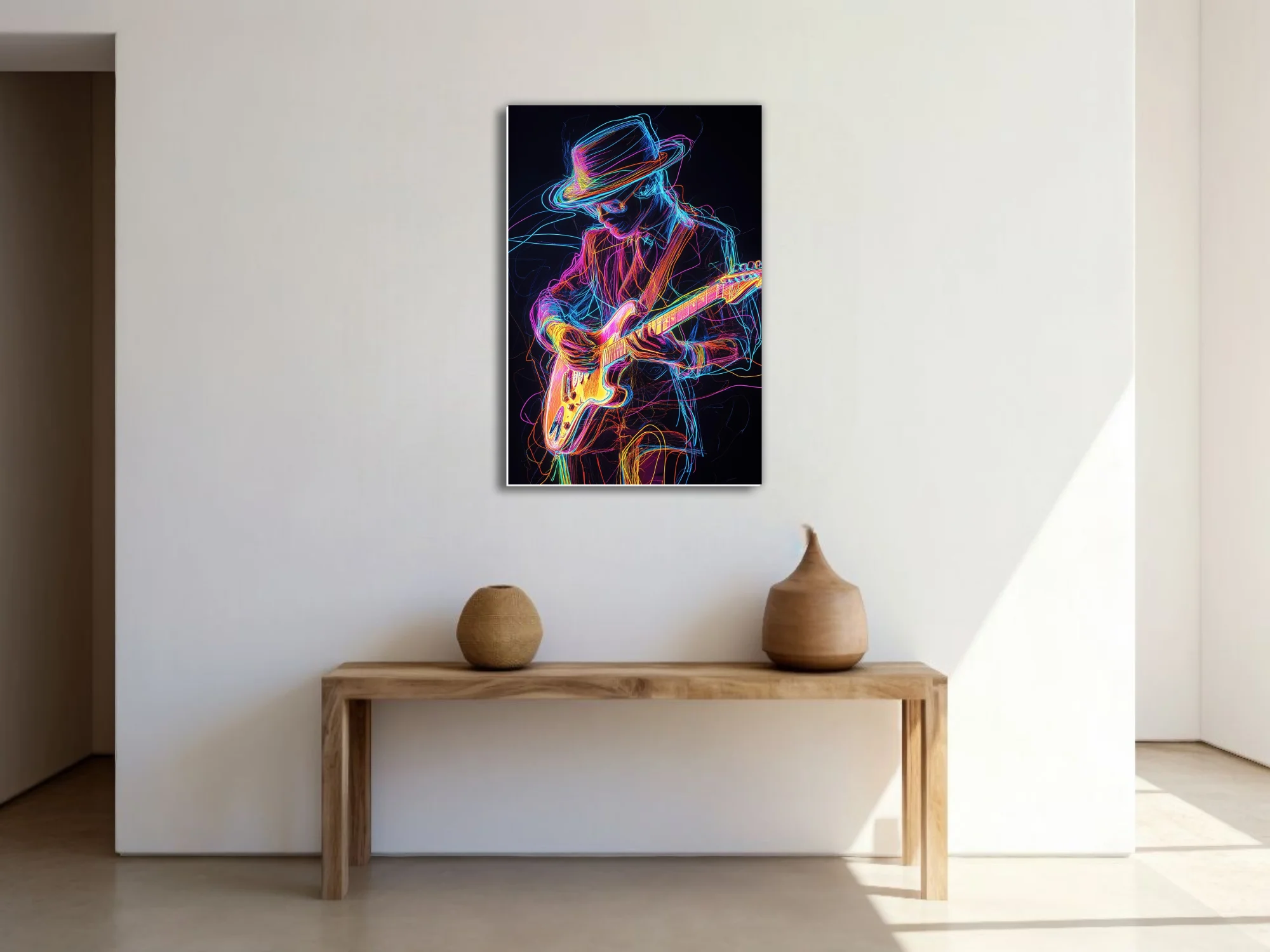 Neon light-drawing of electric guitarist in wide-brimmed hat, vivid multicolor on black