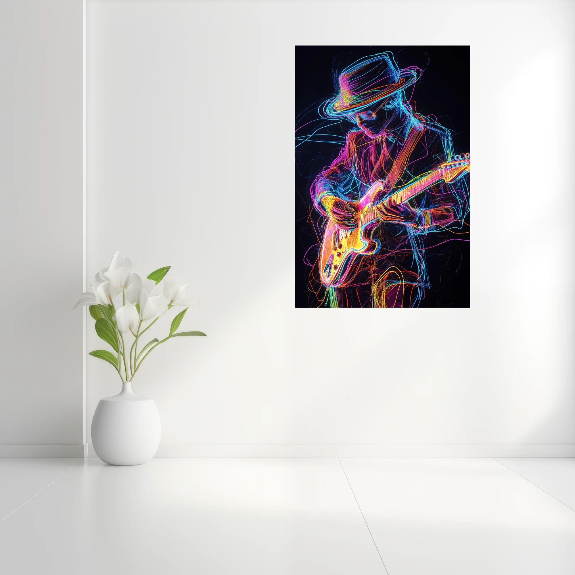 Neon light-drawing of electric guitarist in wide-brimmed hat, vivid multicolor on black