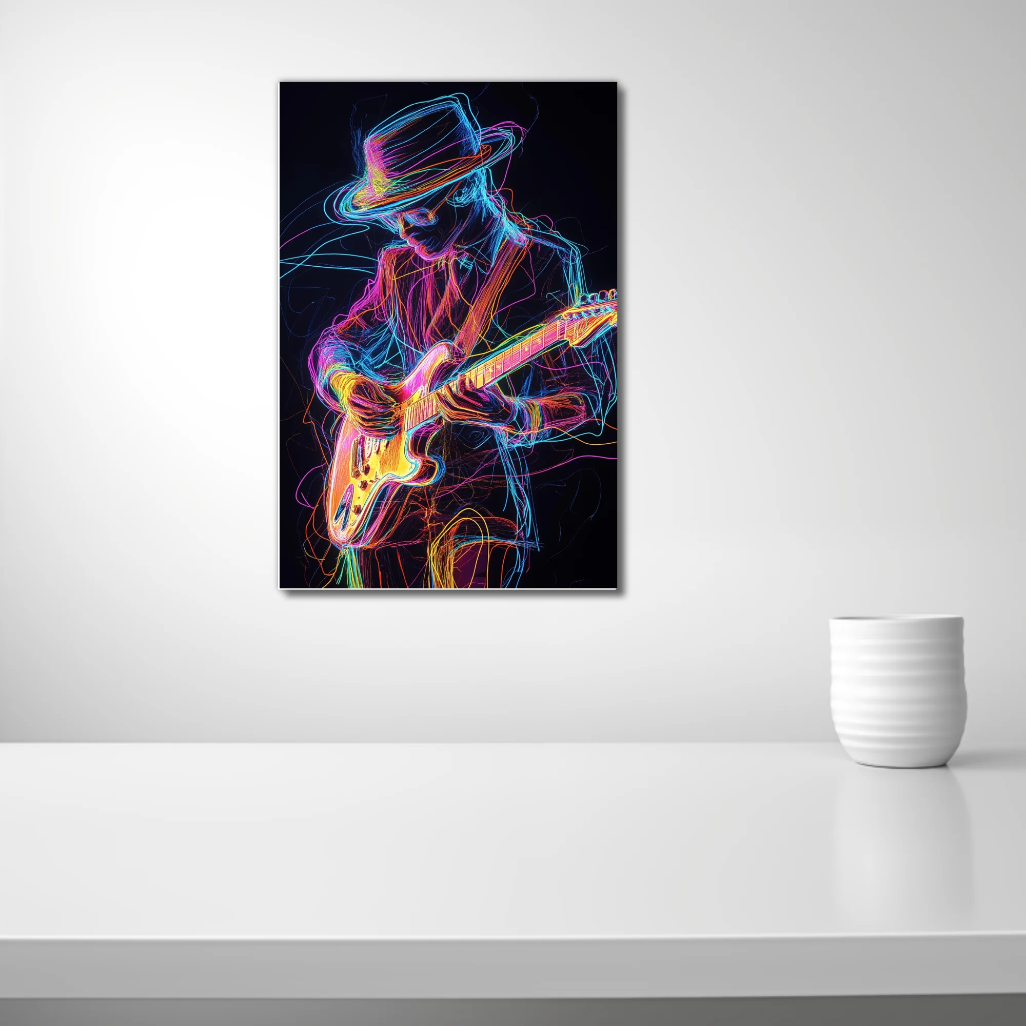 Neon light-drawing of electric guitarist in wide-brimmed hat, vivid multicolor on black