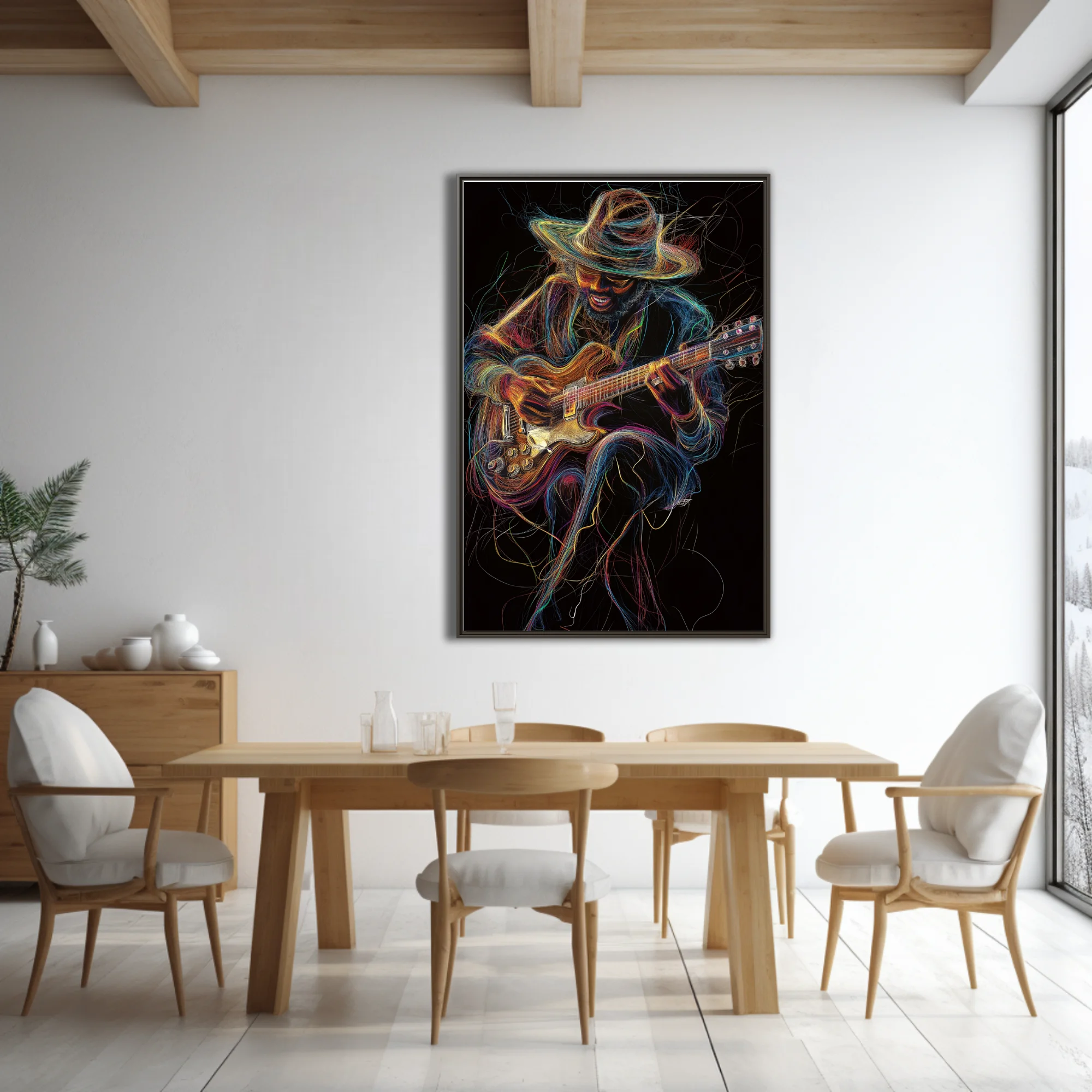 Vibrant line-art portrait of a hat-wearing guitarist in neon threads on black, kinetic music wall art