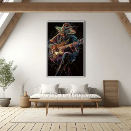 Vibrant line-art portrait of a hat-wearing guitarist in neon threads on black, kinetic music wall art