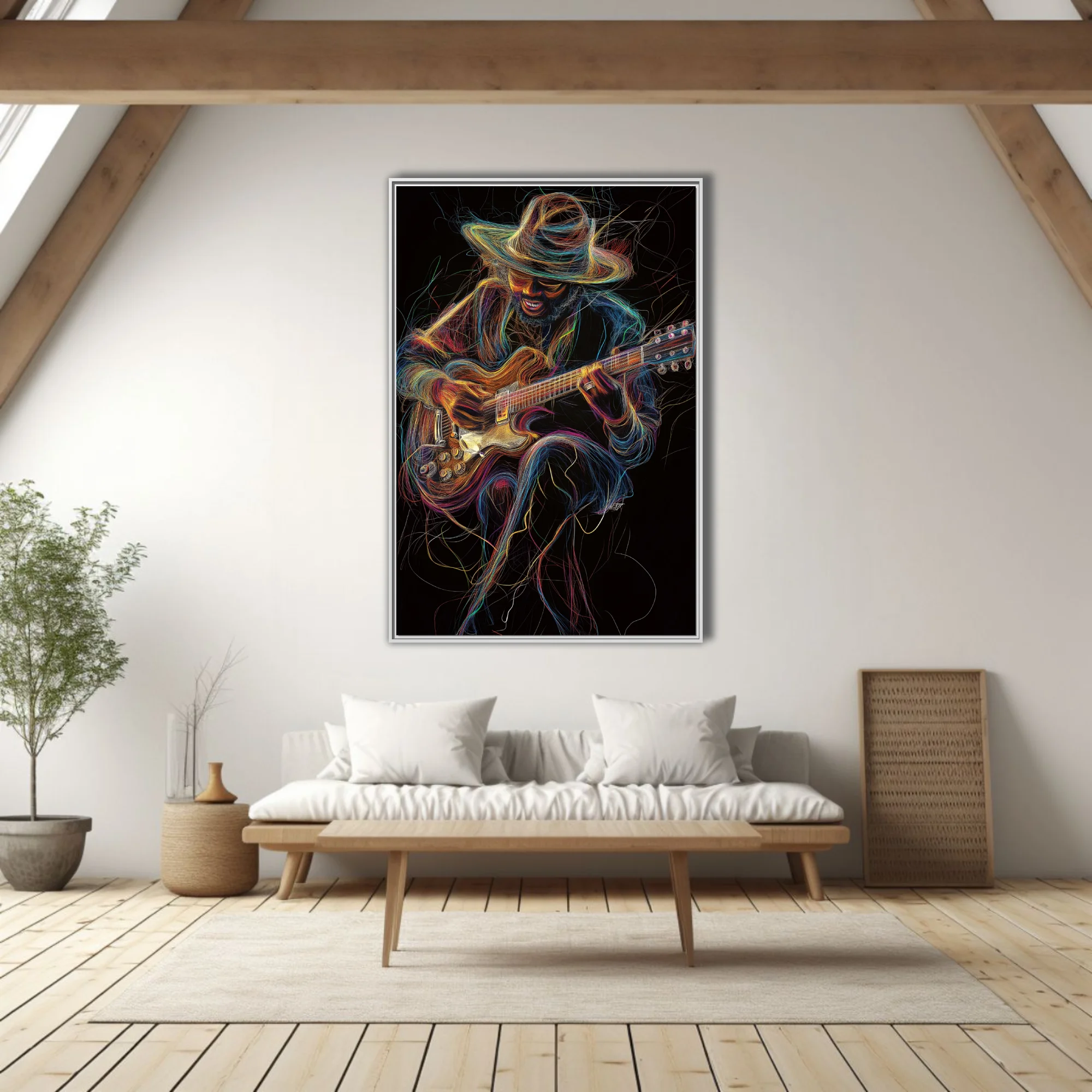 Vibrant line-art portrait of a hat-wearing guitarist in neon threads on black, kinetic music wall art