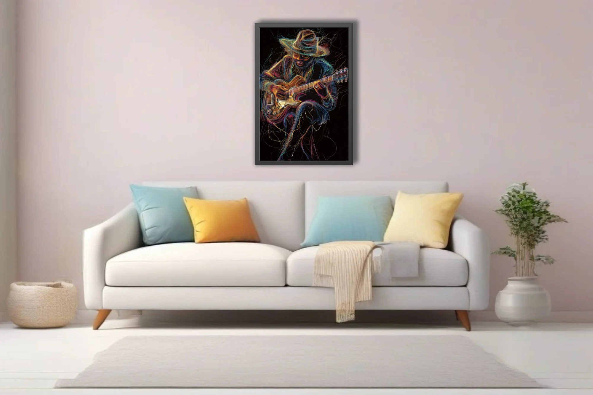 Vibrant line-art portrait of a hat-wearing guitarist in neon threads on black, kinetic music wall art