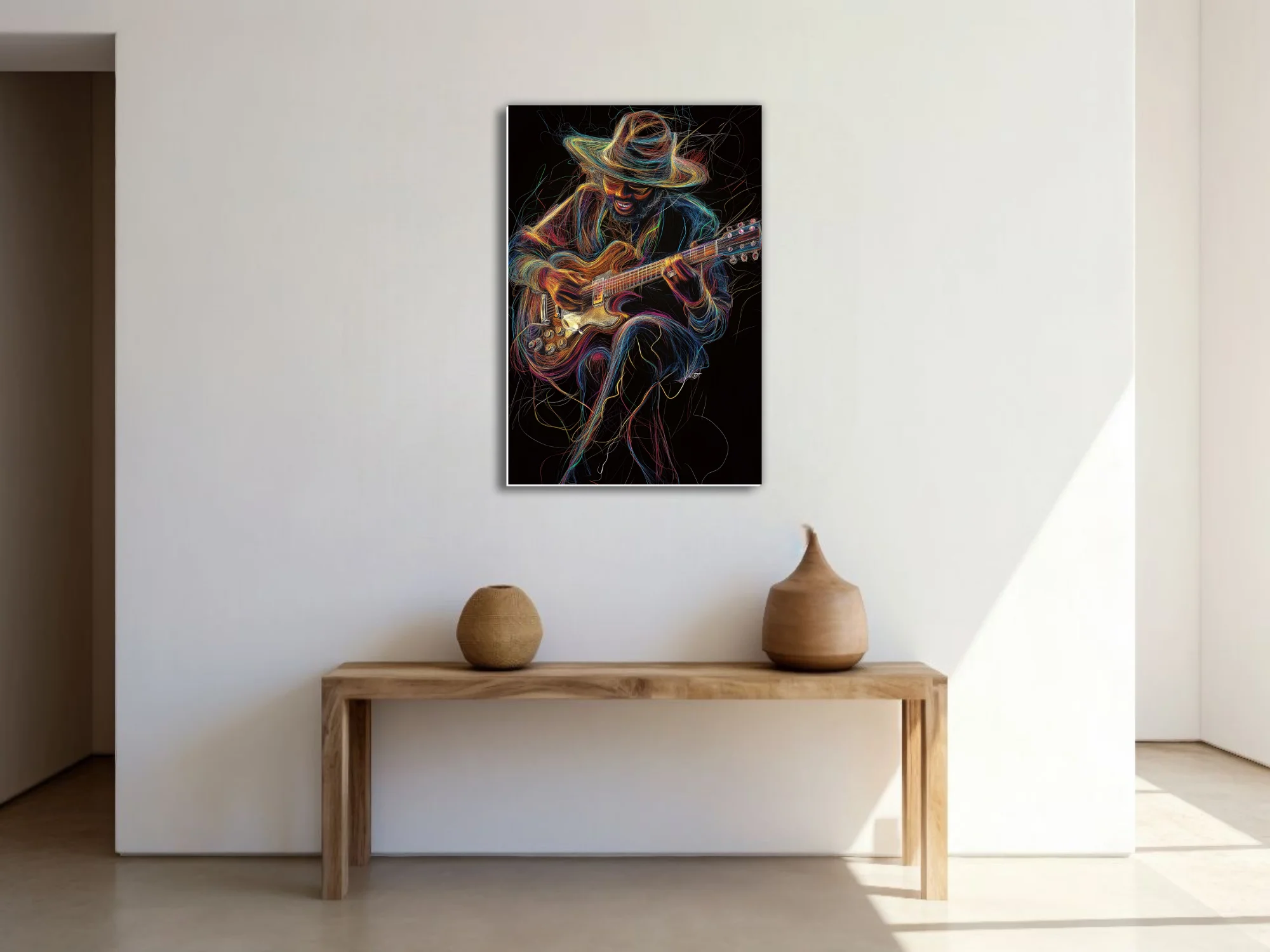 Vibrant line-art portrait of a hat-wearing guitarist in neon threads on black, kinetic music wall art
