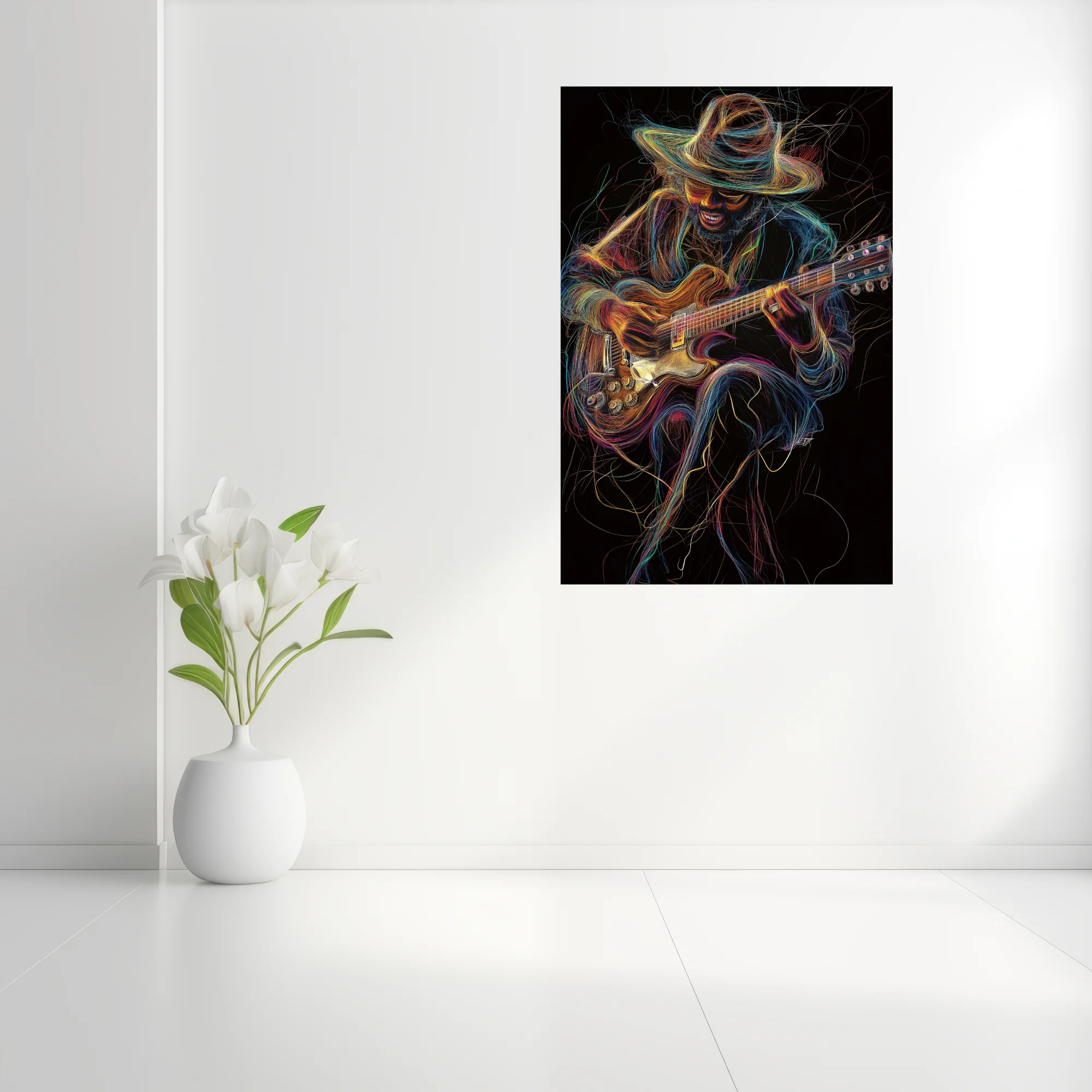 Vibrant line-art portrait of a hat-wearing guitarist in neon threads on black, kinetic music wall art