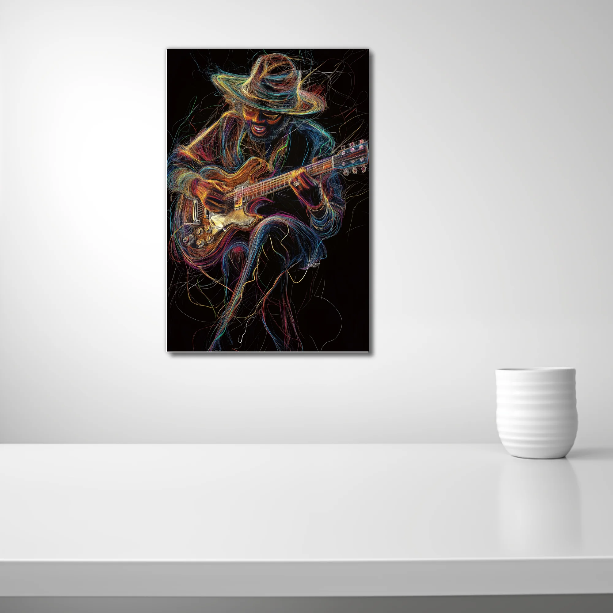 Vibrant line-art portrait of a hat-wearing guitarist in neon threads on black, kinetic music wall art