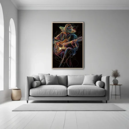 Vibrant line-art portrait of a hat-wearing guitarist in neon threads on black, kinetic music wall art