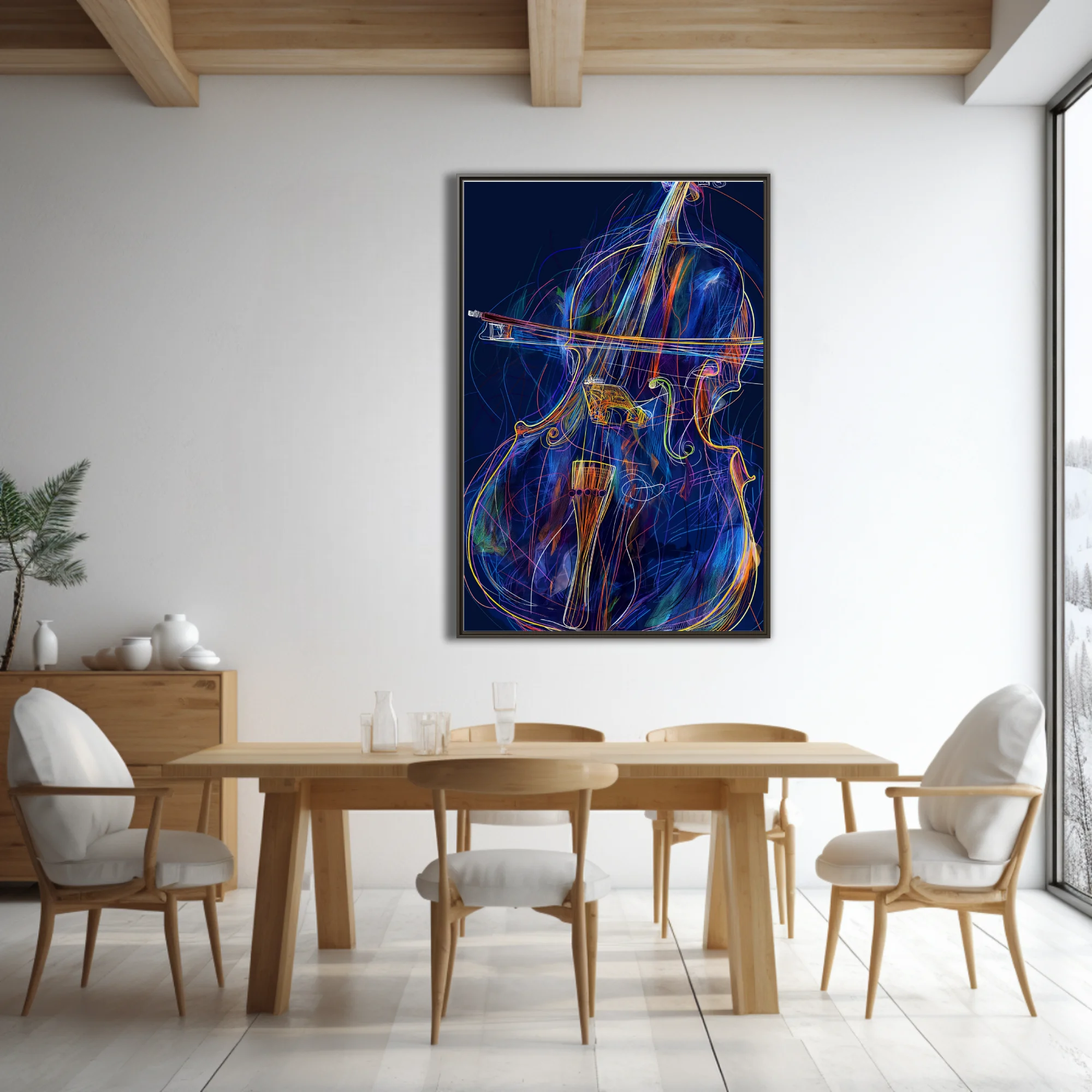 Neon line-art abstract cello or double bass with bow, vivid blue and amber palette