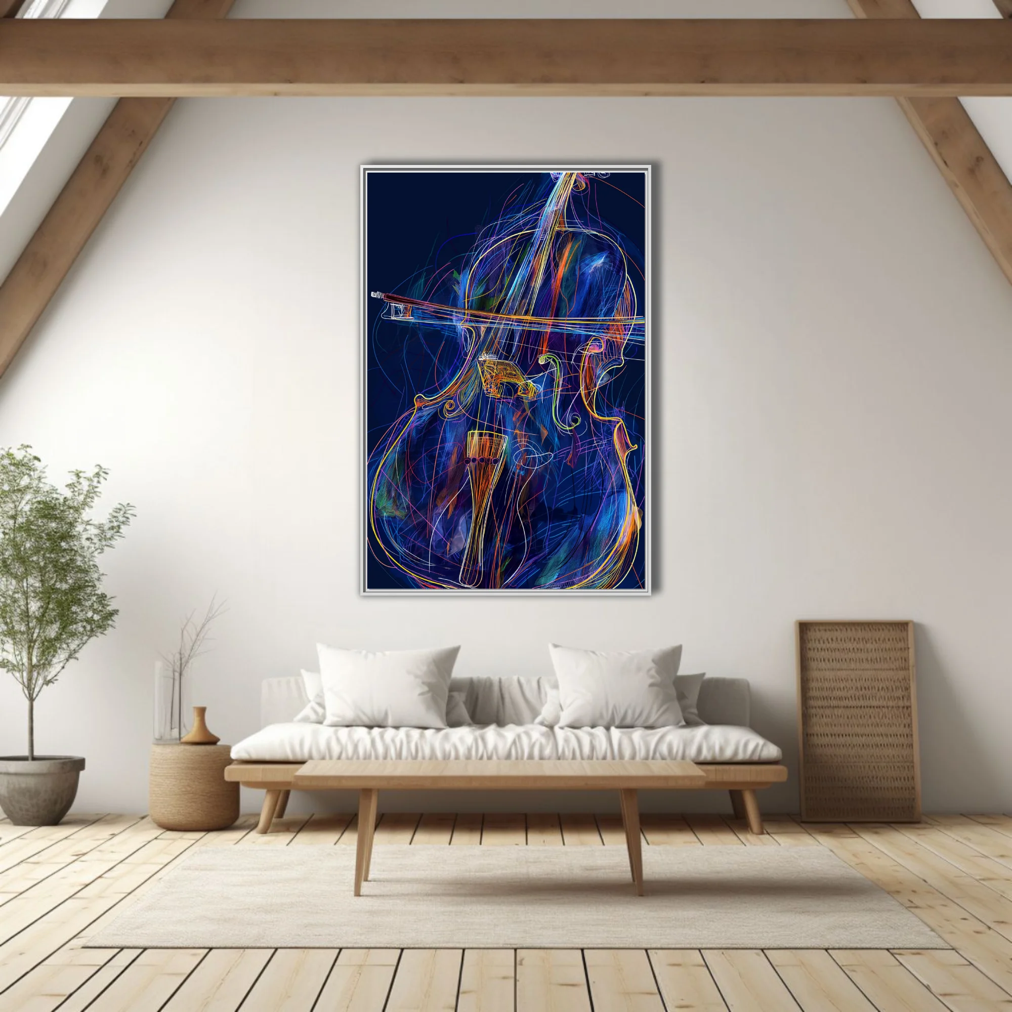 Neon line-art abstract cello or double bass with bow, vivid blue and amber palette
