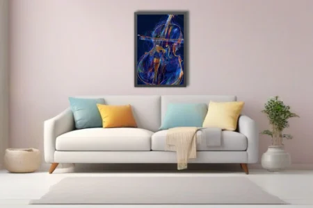 Neon line-art abstract cello or double bass with bow, vivid blue and amber palette