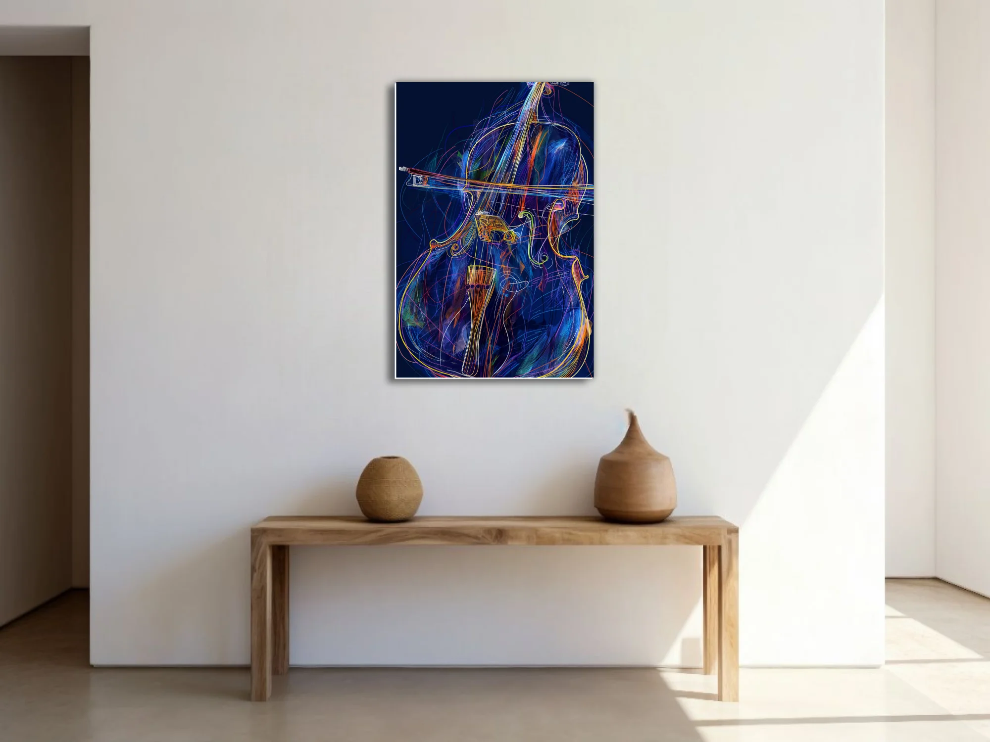 Neon line-art abstract cello or double bass with bow, vivid blue and amber palette
