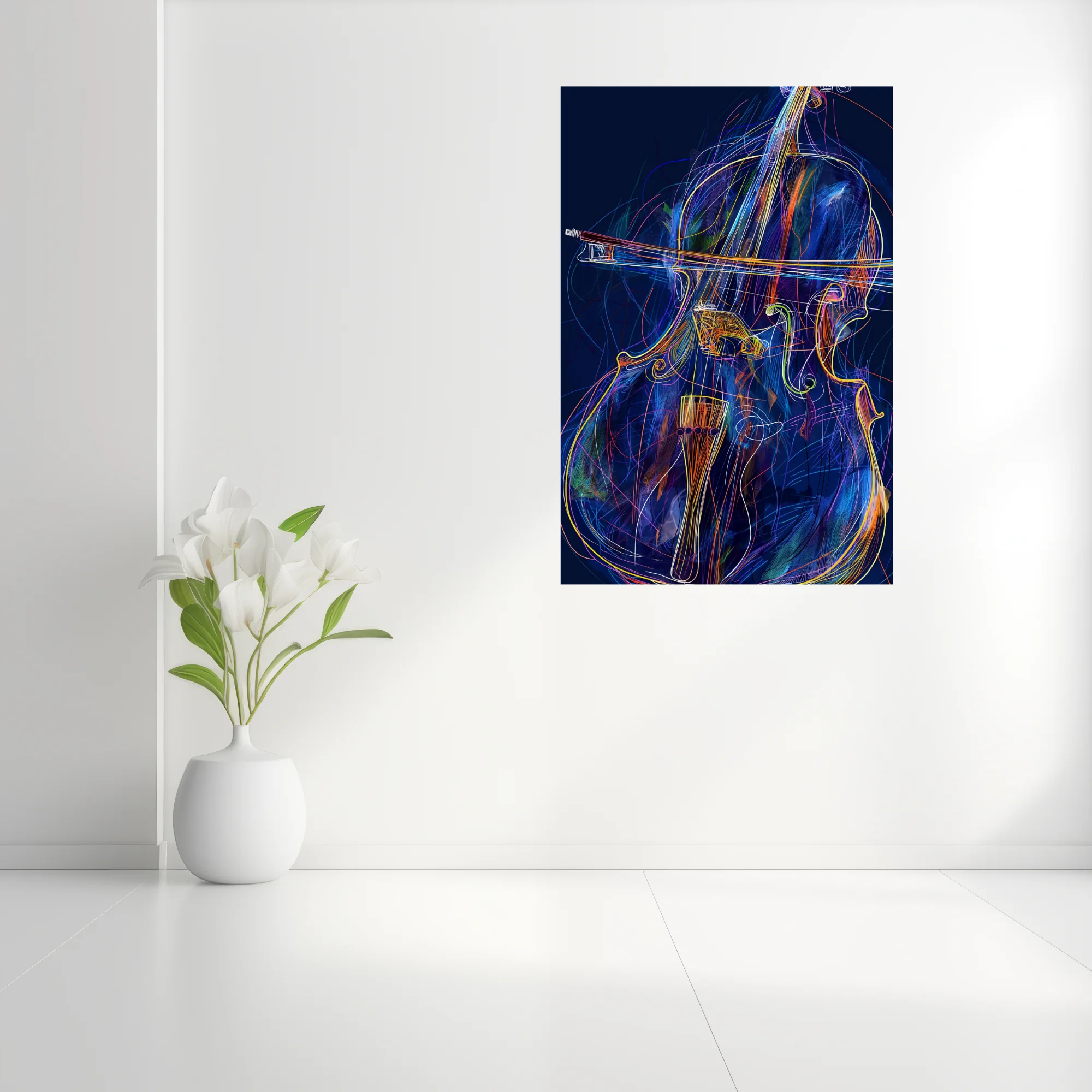 Neon line-art abstract cello or double bass with bow, vivid blue and amber palette
