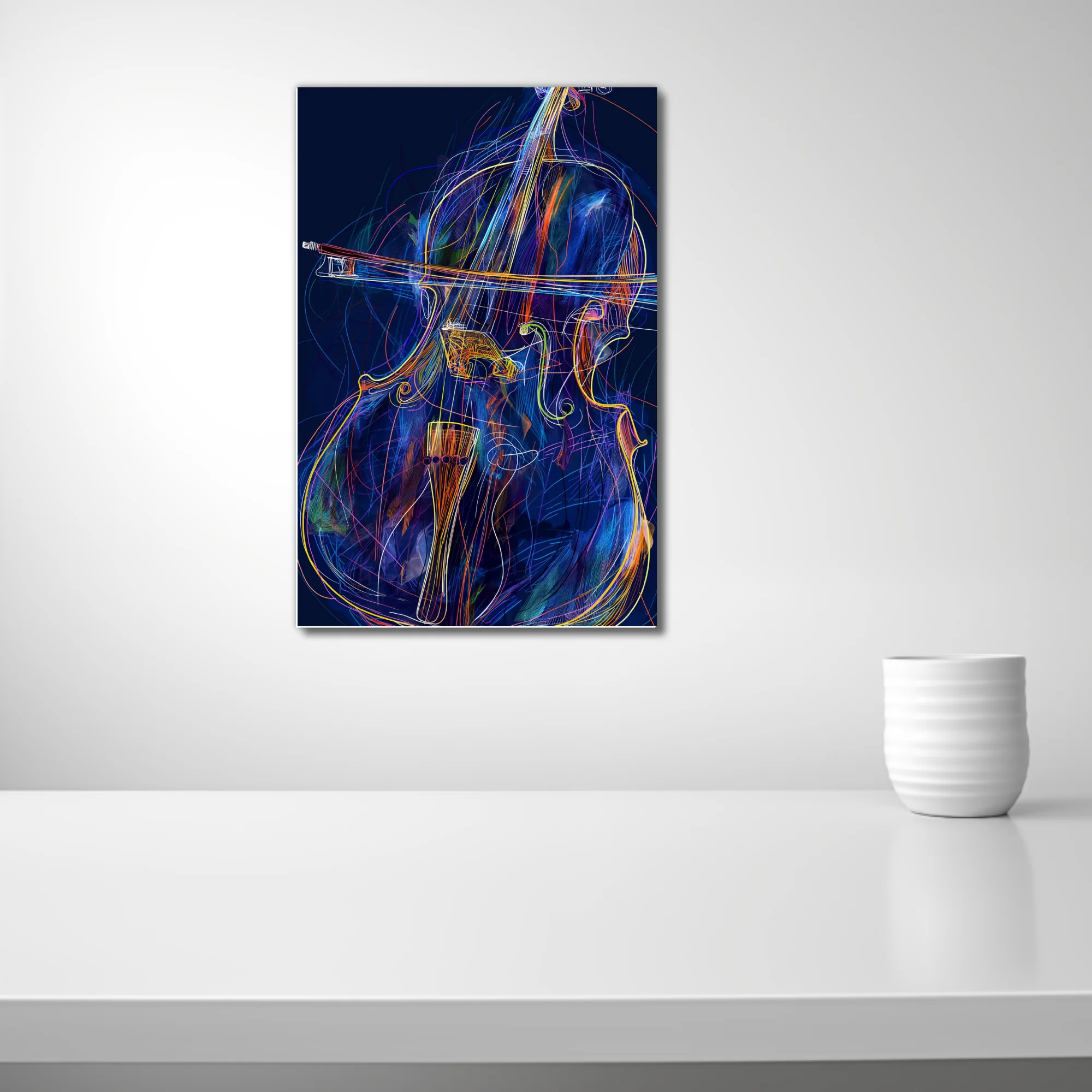 Neon line-art abstract cello or double bass with bow, vivid blue and amber palette