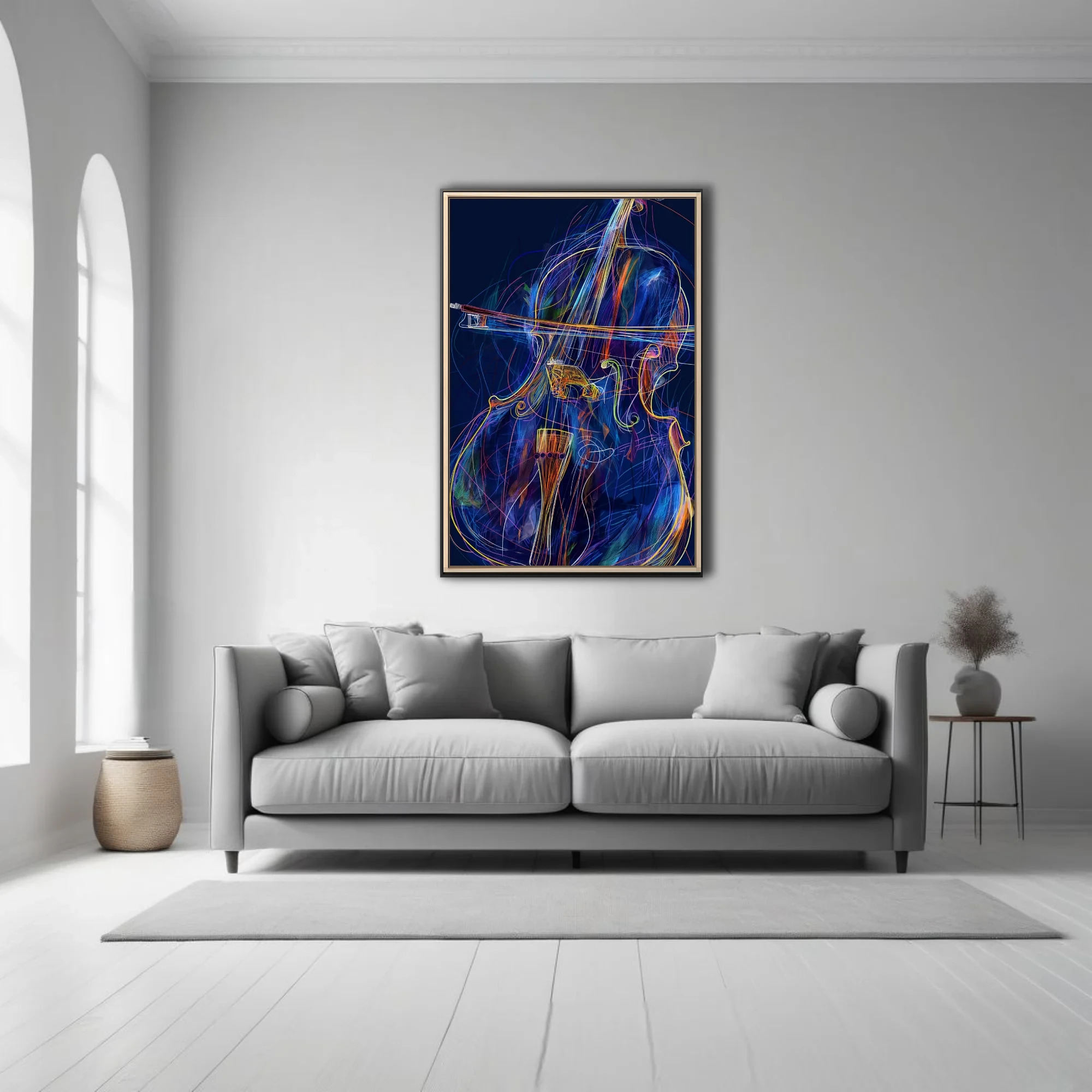 Neon line-art abstract cello or double bass with bow, vivid blue and amber palette