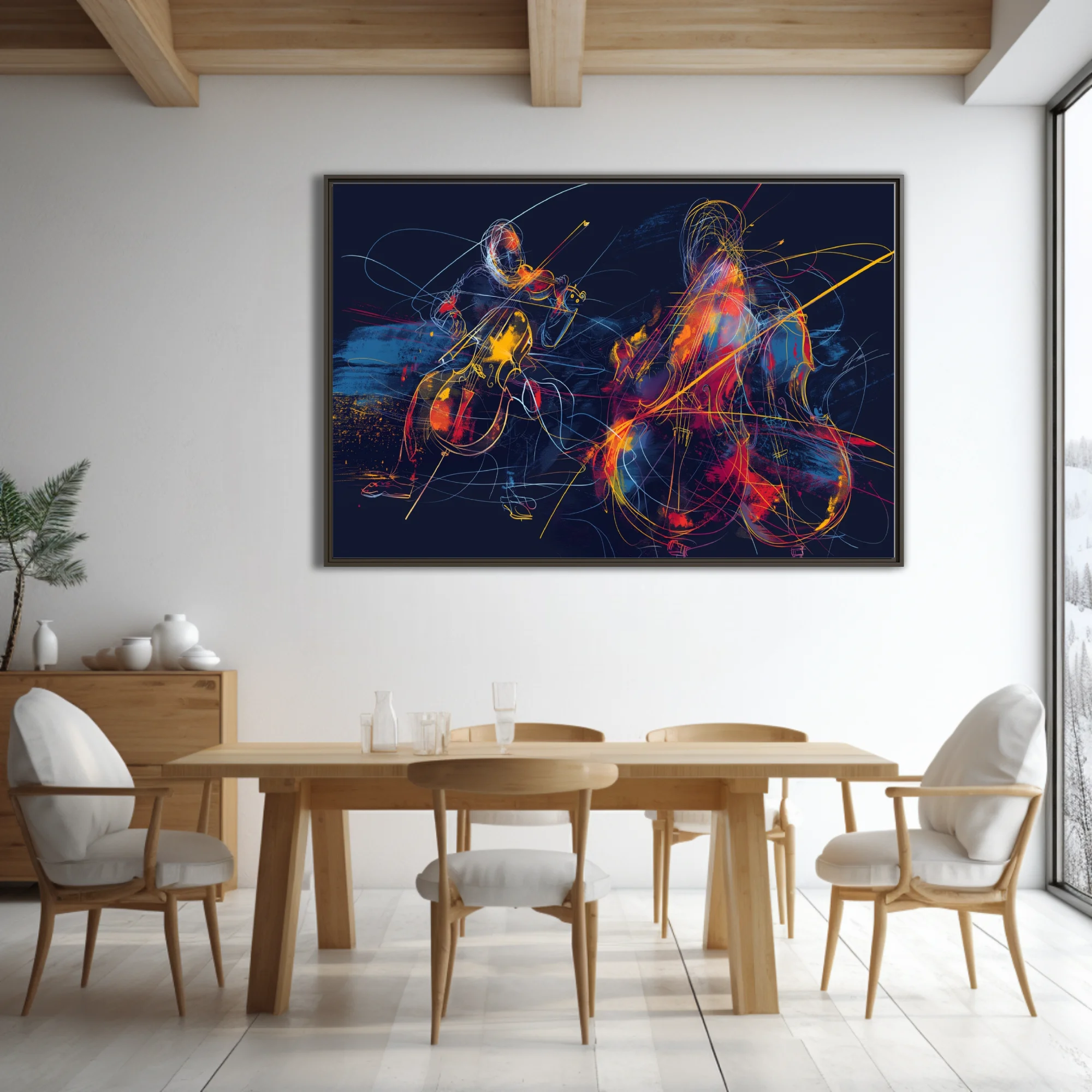 Abstract neon line-art of string musicians in crimson, gold, and blue on midnight navy