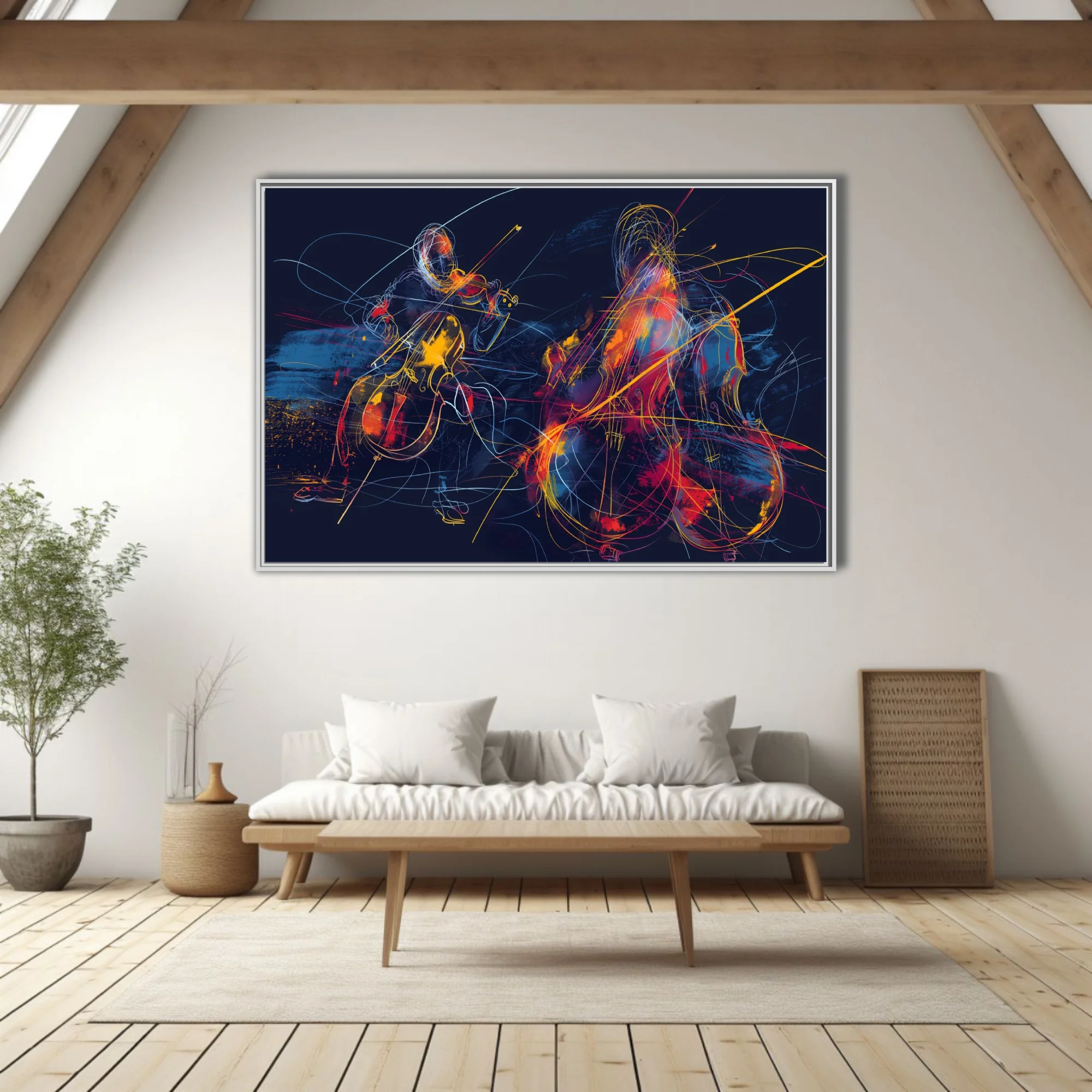 Abstract neon line-art of string musicians in crimson, gold, and blue on midnight navy