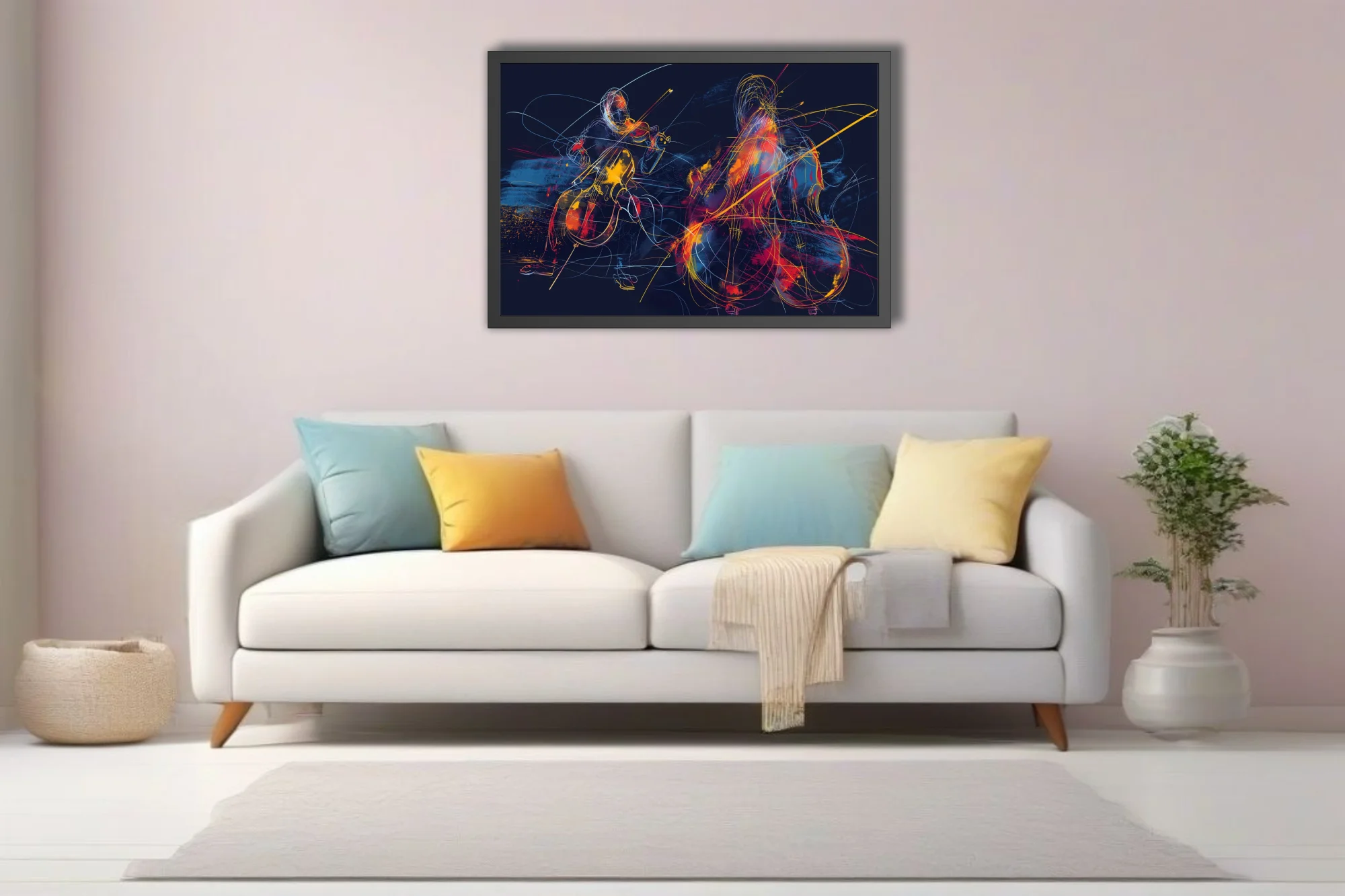 Abstract neon line-art of string musicians in crimson, gold, and blue on midnight navy