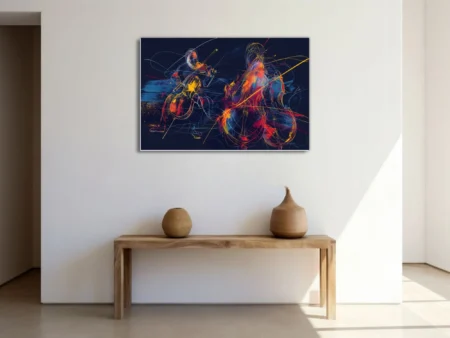 Abstract neon line-art of string musicians in crimson, gold, and blue on midnight navy