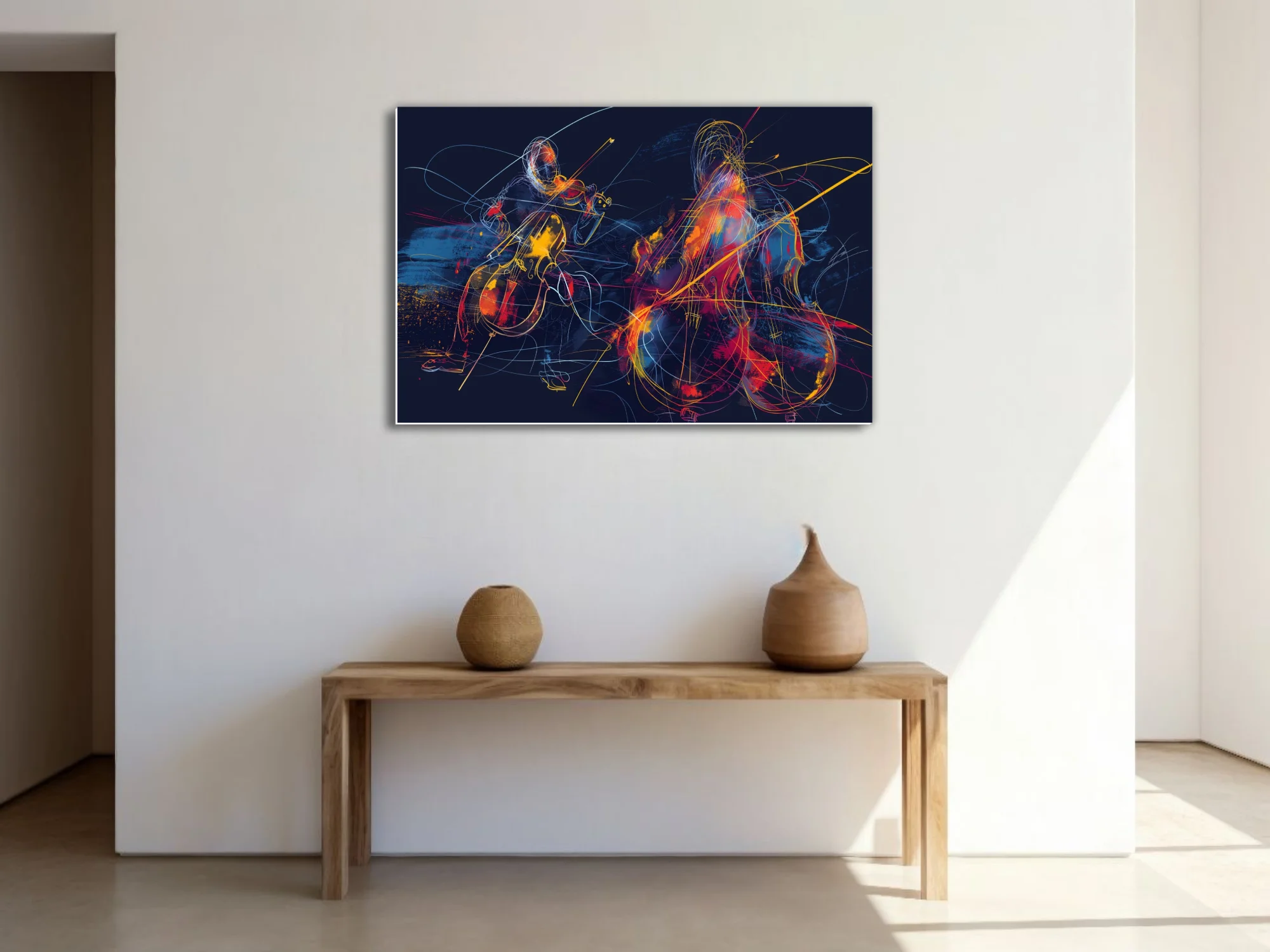 Abstract neon line-art of string musicians in crimson, gold, and blue on midnight navy