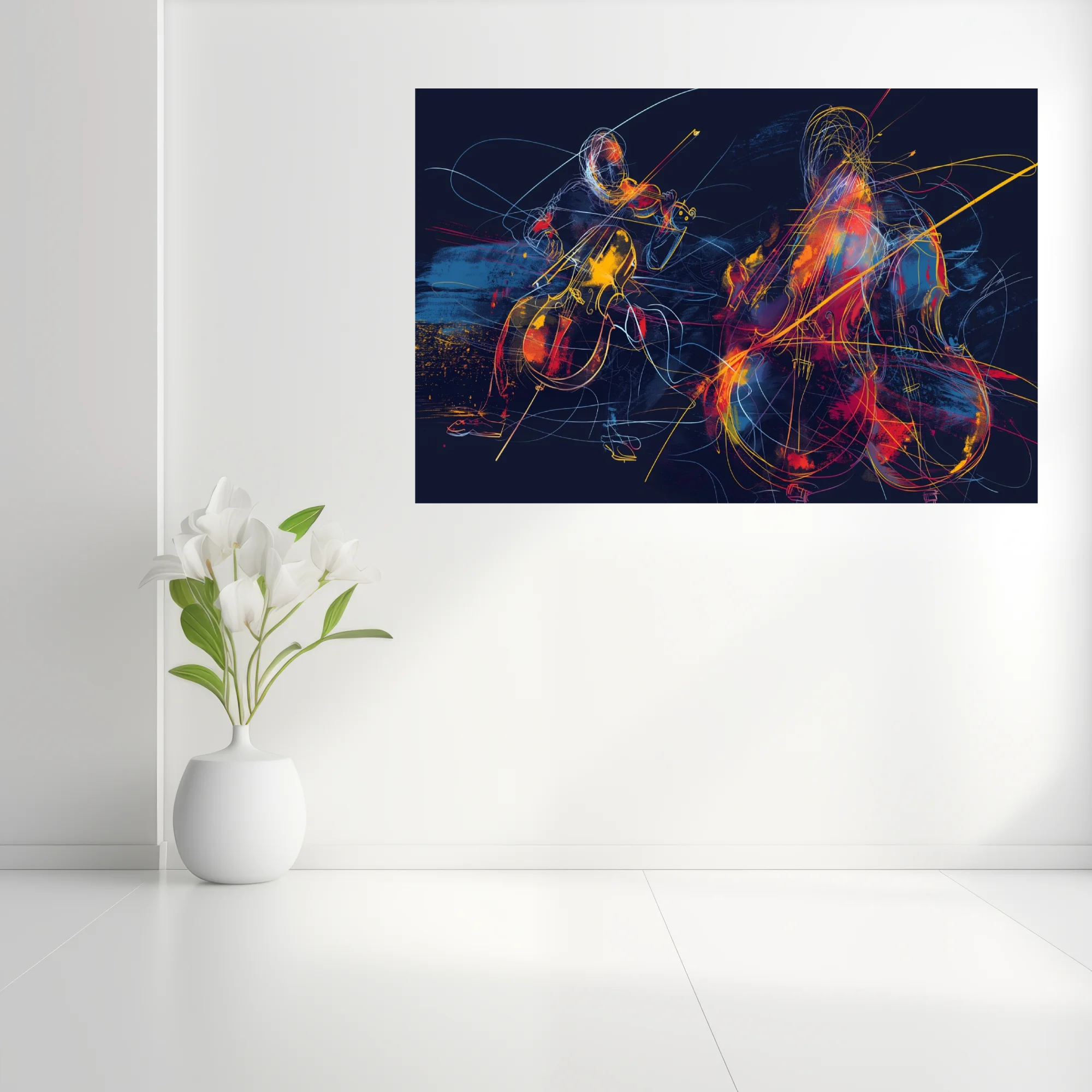 Abstract neon line-art of string musicians in crimson, gold, and blue on midnight navy