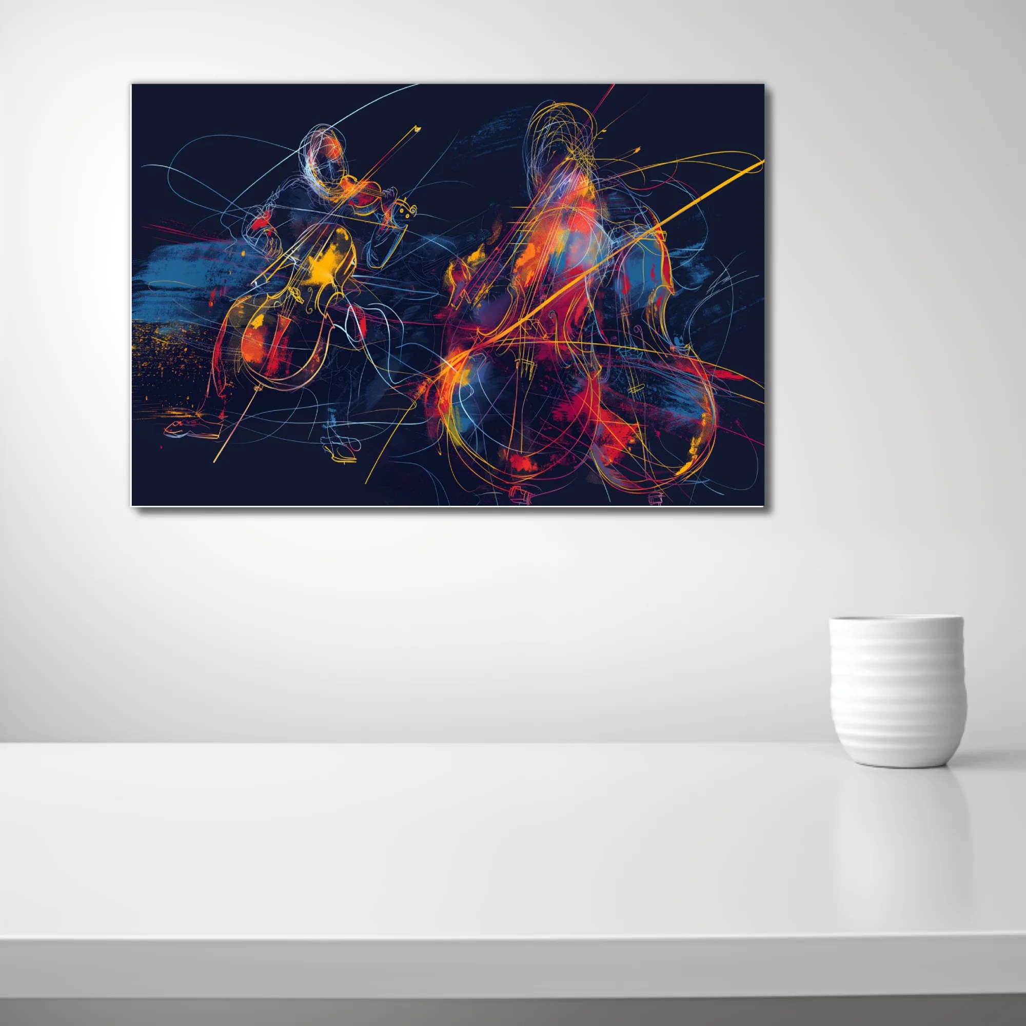 Abstract neon line-art of string musicians in crimson, gold, and blue on midnight navy